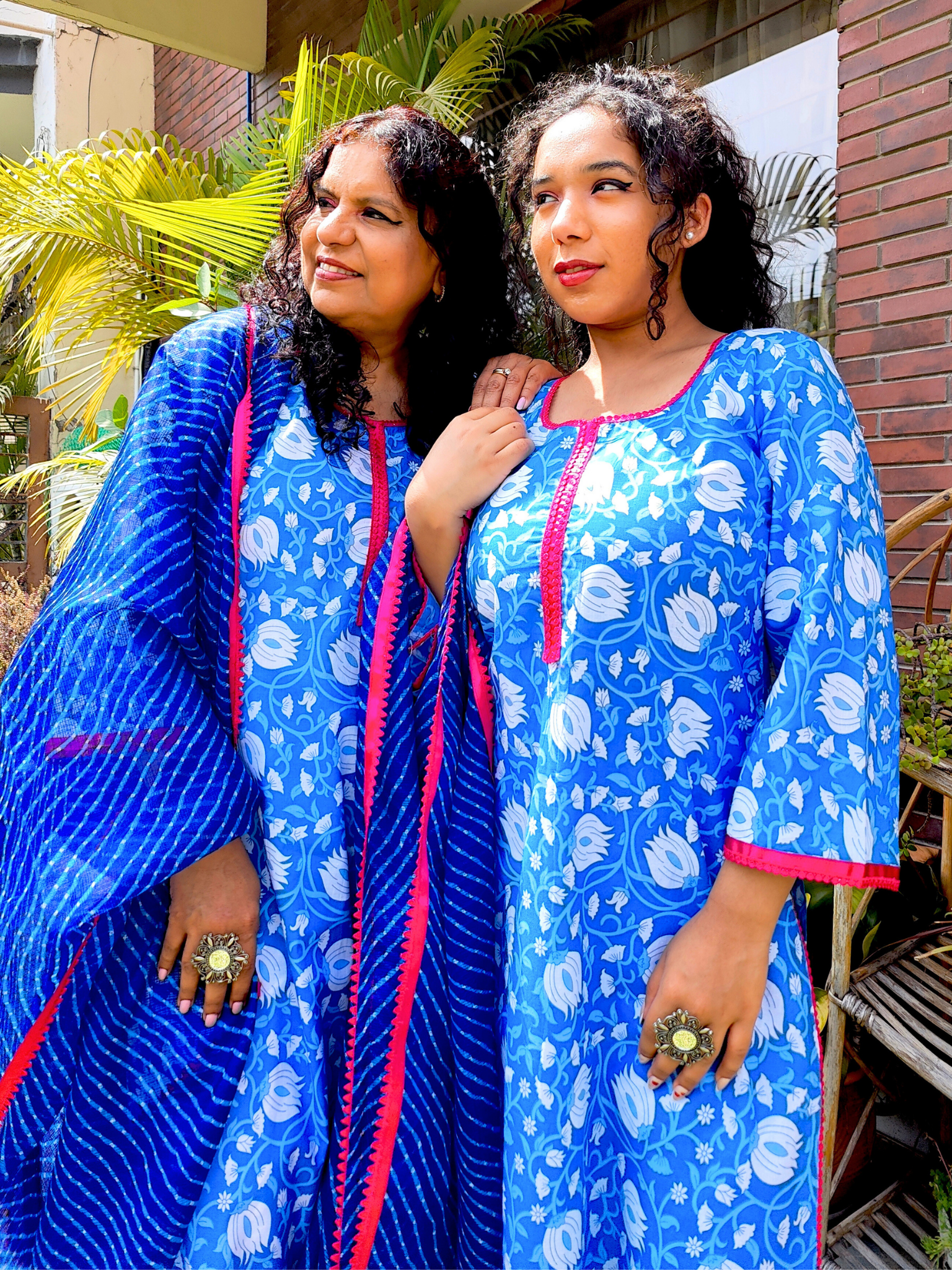 Blue and White Floral Magenta Lace Cotton Stitched Suit Set