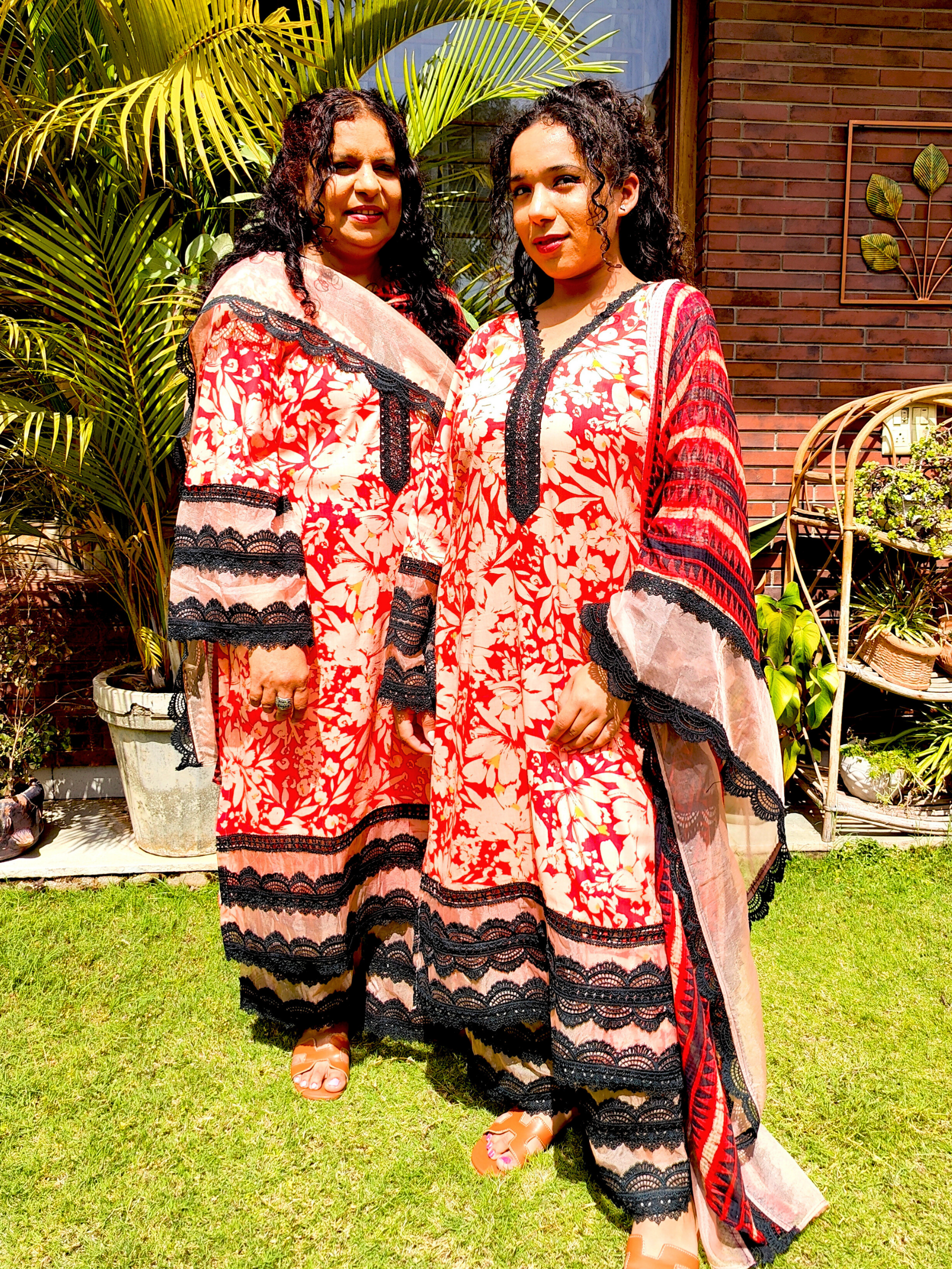 Orange Cotton Black Italian Lace Stitched Suit Set