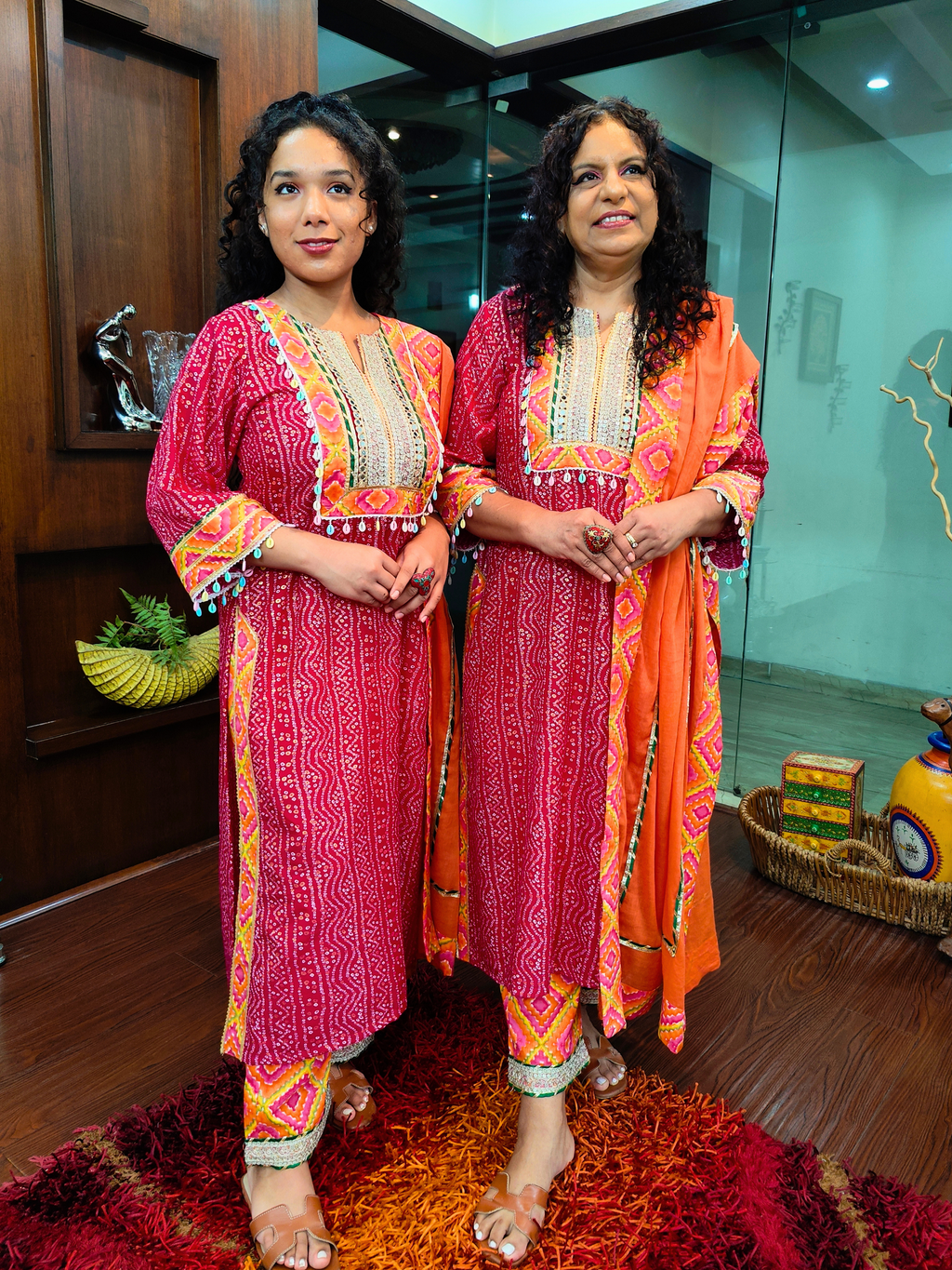 Magenta Bandhej Silver Gota Cotton Stitched Suit Set