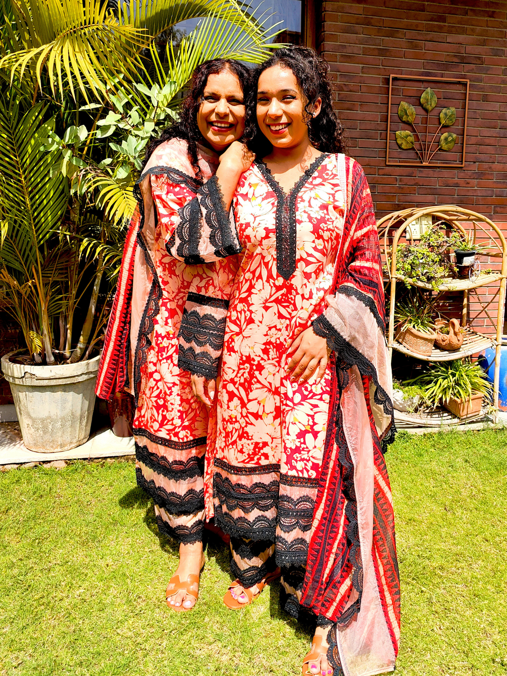 Orange Cotton Black Italian Lace Stitched Suit Set