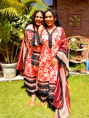 Orange Cotton Black Italian Lace Stitched Suit Set