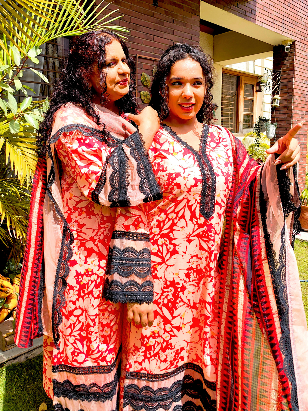 Orange Cotton Black Italian Lace Stitched Suit Set