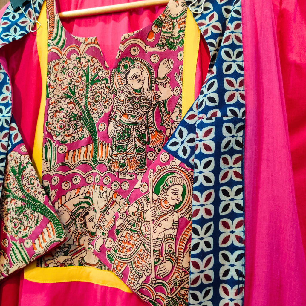 Magenta Kalamkari Yellow Lace Cotton Stitched Suit Set