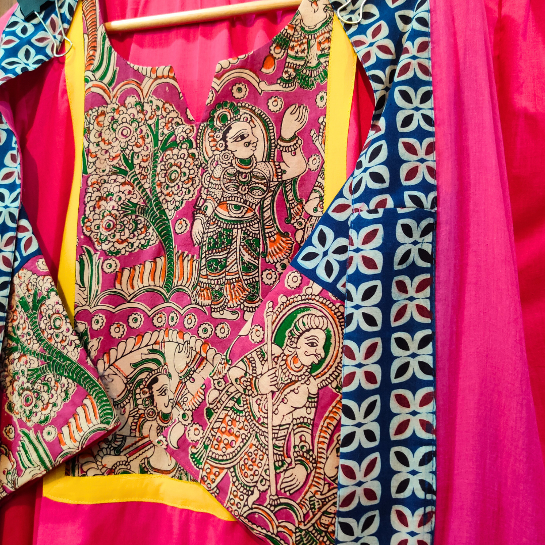 Magenta Kalamkari Yellow Lace Cotton Stitched Suit Set