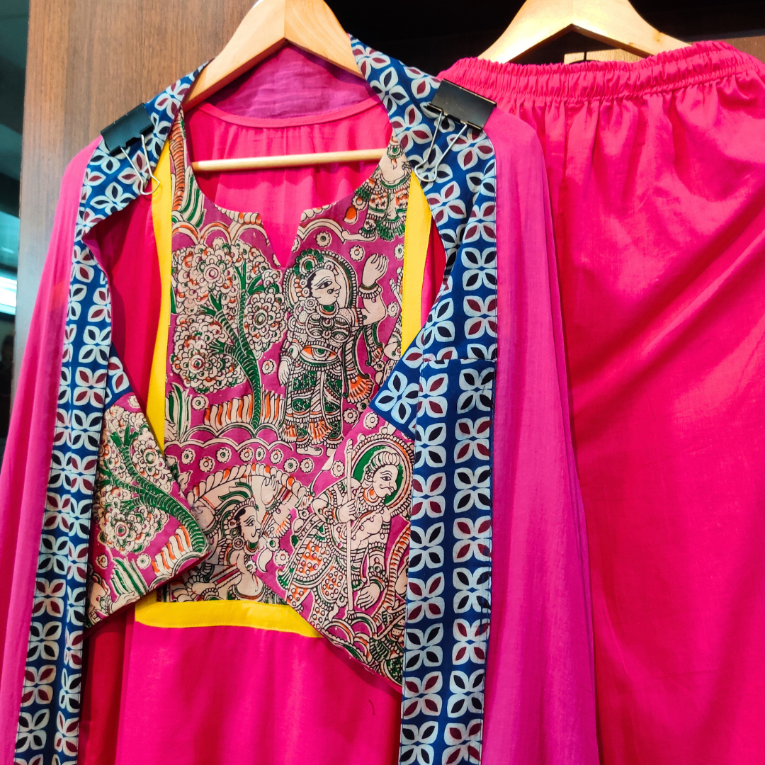Magenta Kalamkari Yellow Lace Cotton Stitched Suit Set