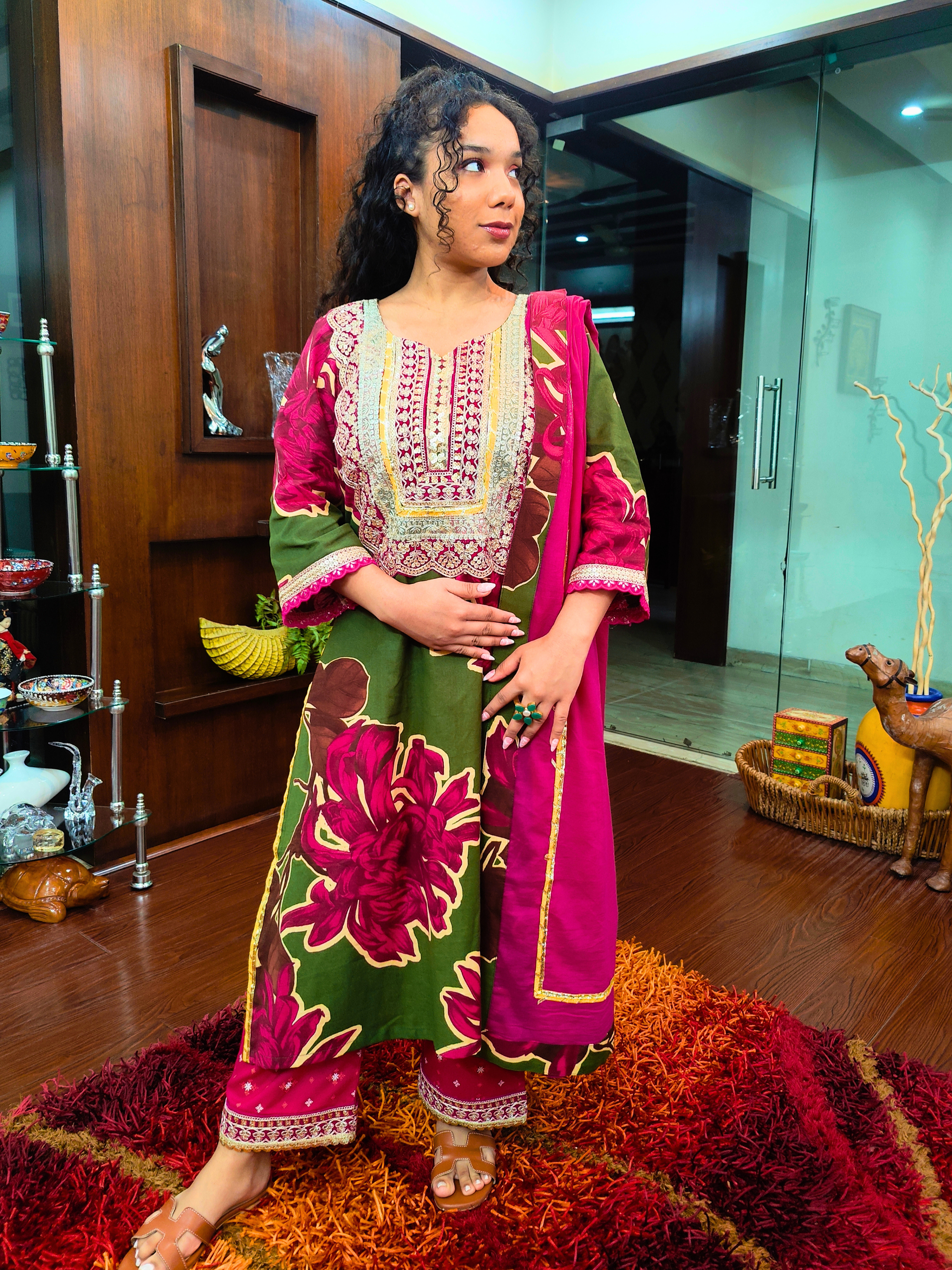 Green Digital Printed Magenta Embroidered Gota Cotton Stitched Suit Set