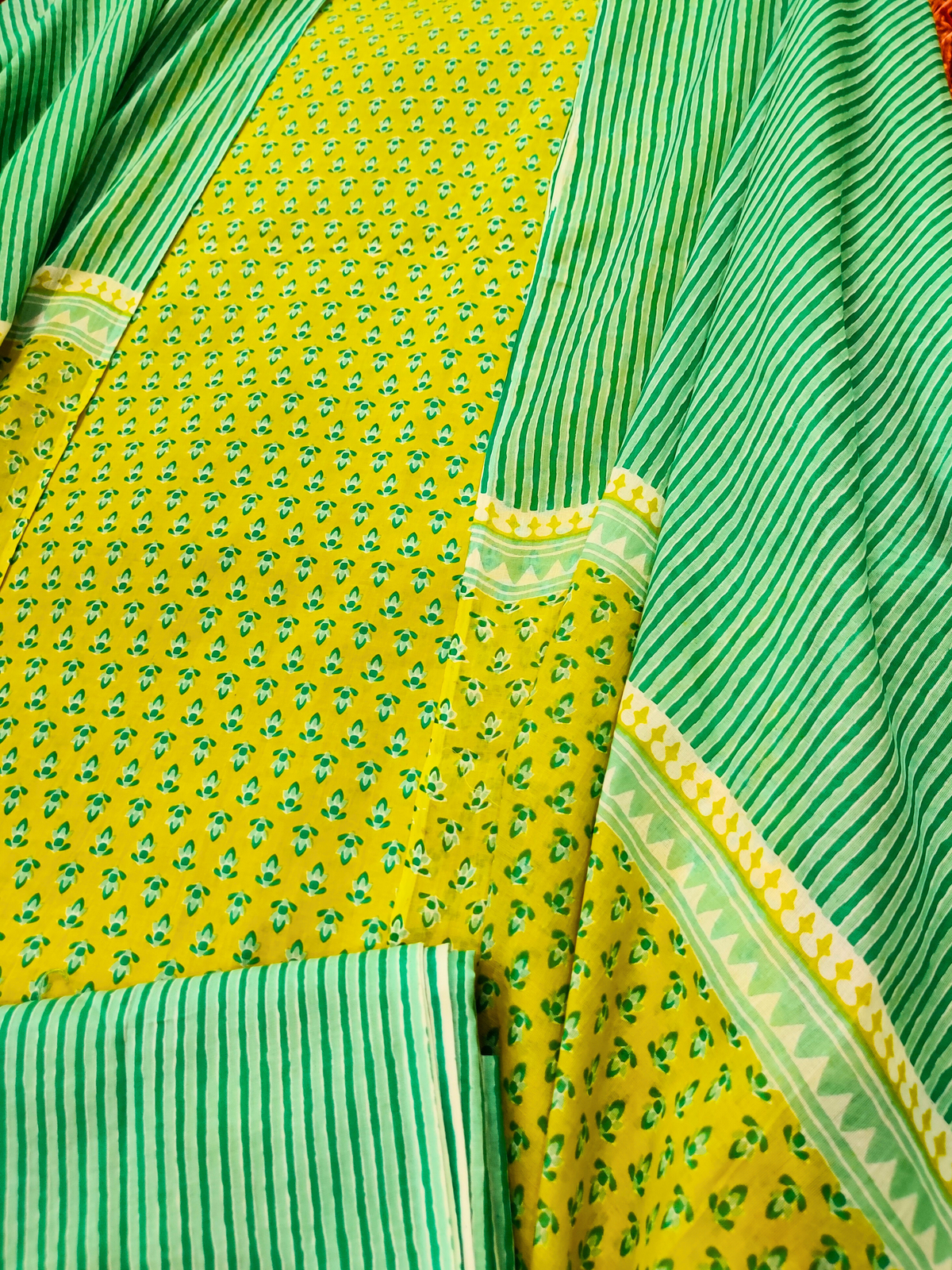 Lime Green Handblock Cotton Unstitched Dress Material Suit Set