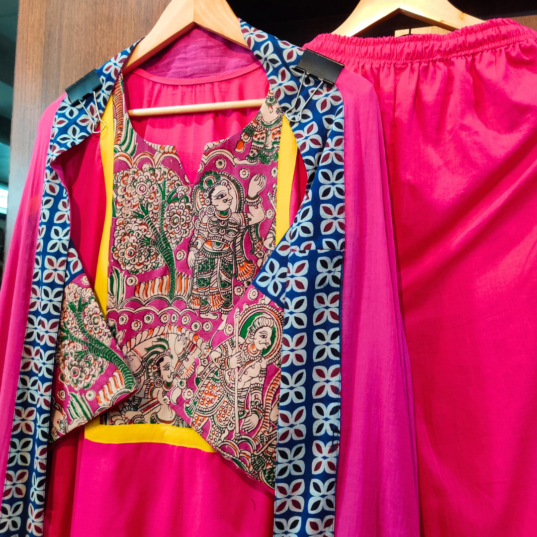 Magenta Kalamkari Yellow Lace Cotton Stitched Suit Set