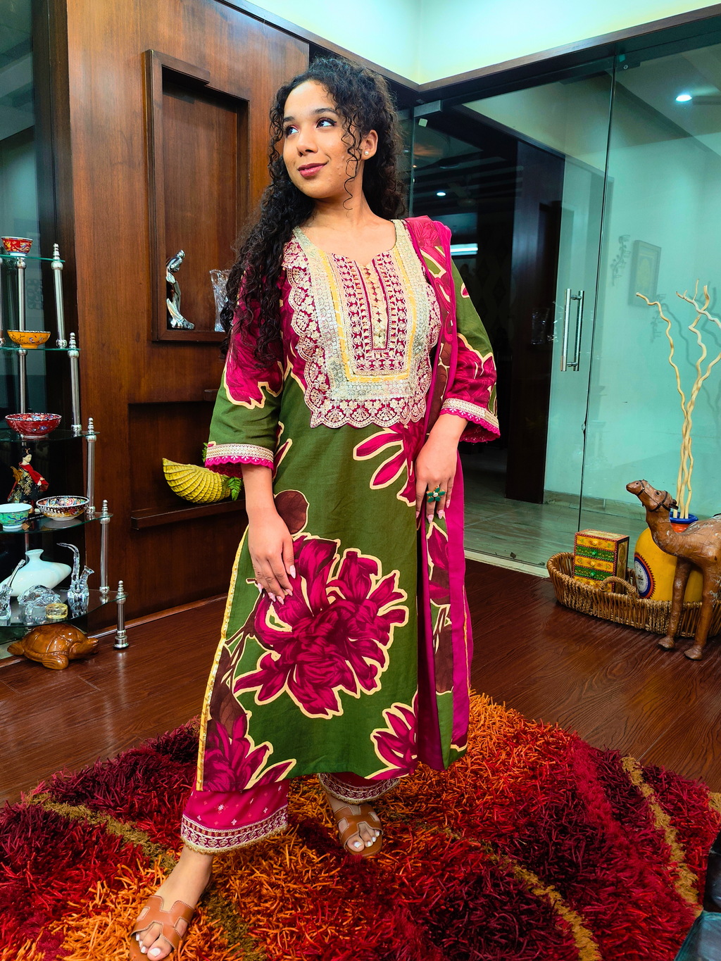 Green Digital Printed Magenta Embroidered Gota Cotton Stitched Suit Set