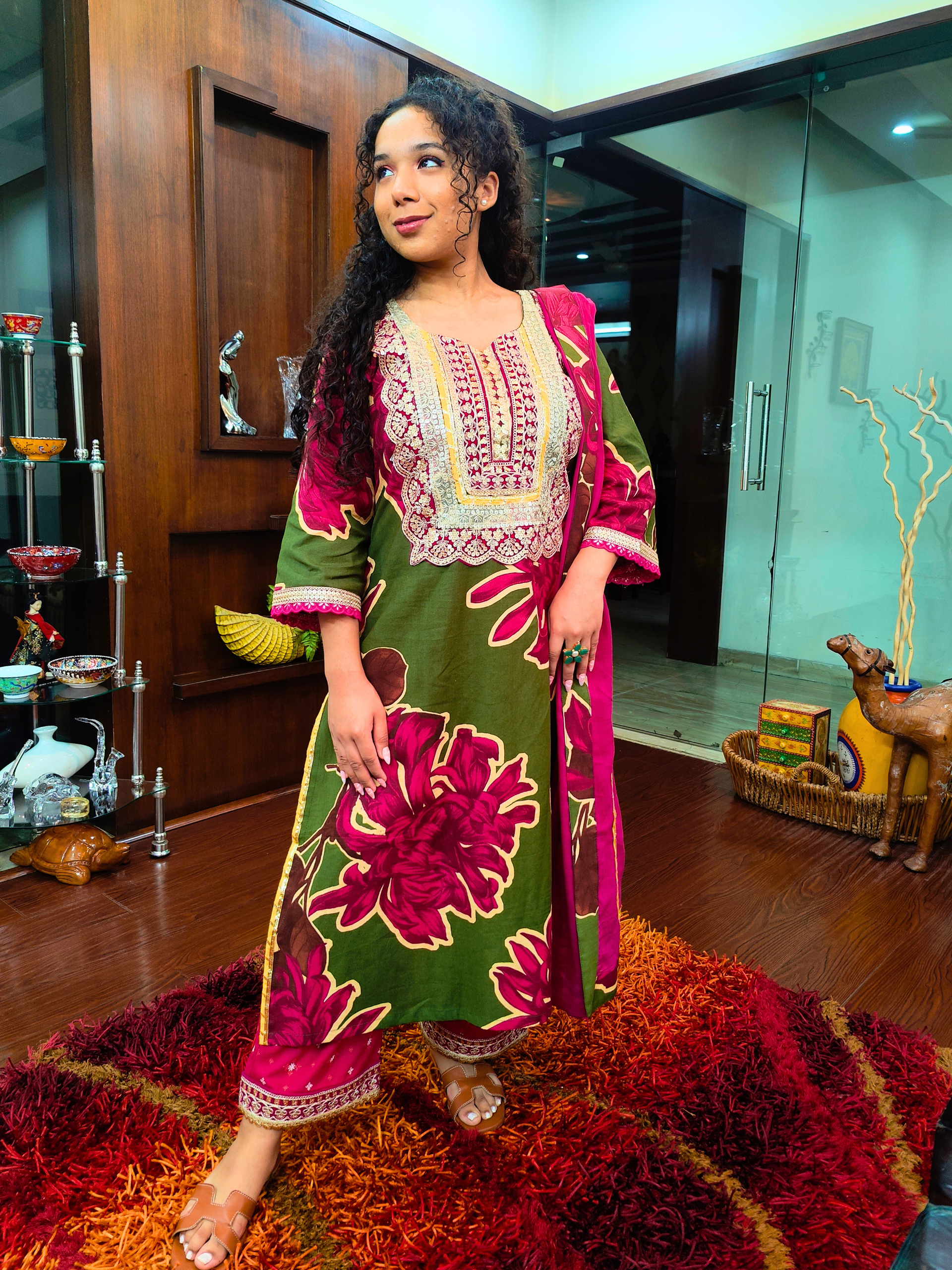Green Digital Printed Magenta Embroidered Gota Cotton Stitched Suit Set