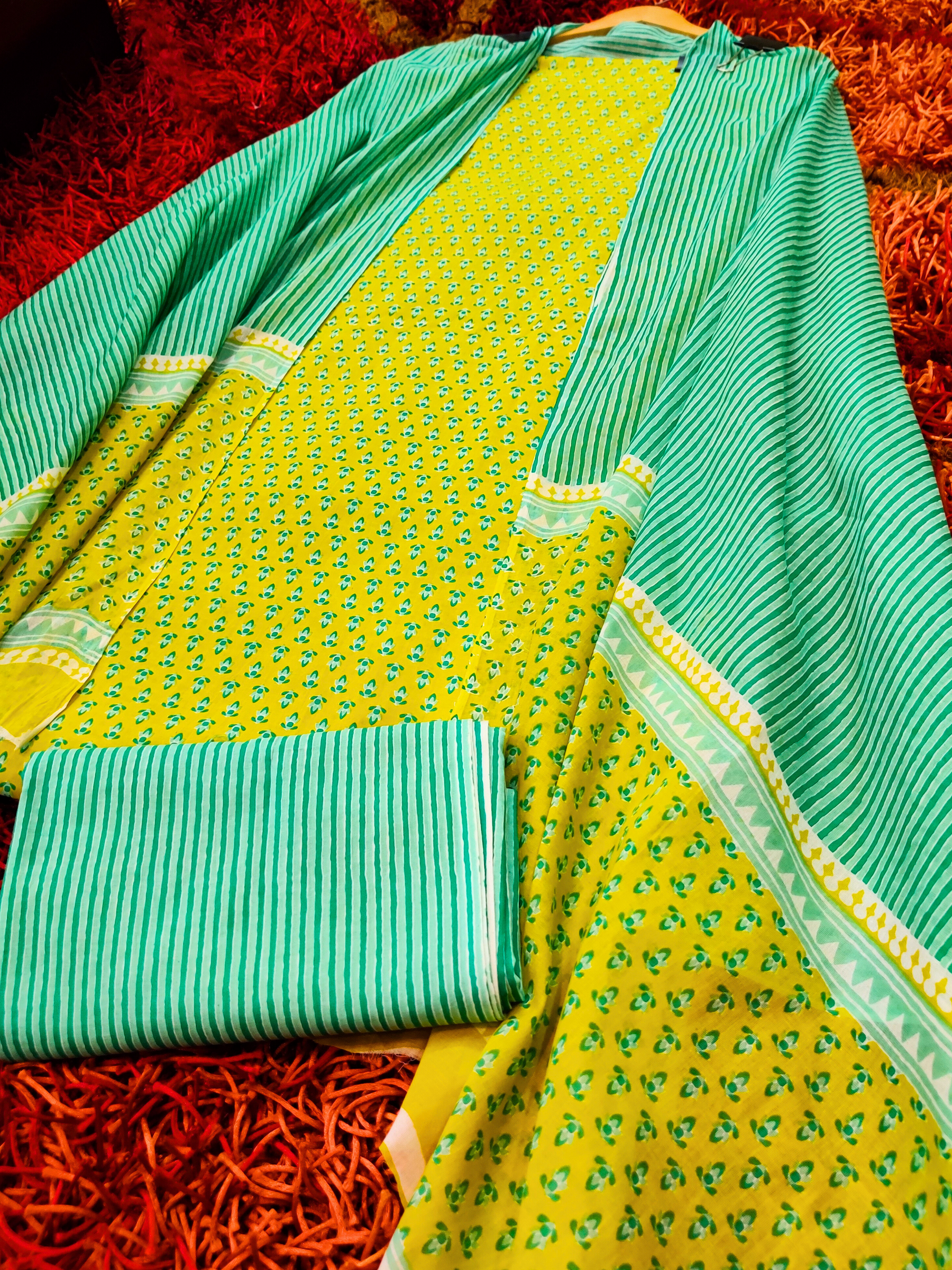 Lime Green Handblock Cotton Unstitched Dress Material Suit Set