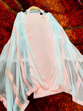 Peach Handblock Cotton Unstitched Dress Material Suit Set