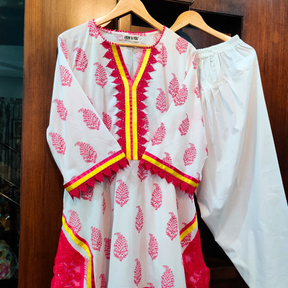 White Handblock Magenta Italian Lace Cotton Stitched Co-Ord Set