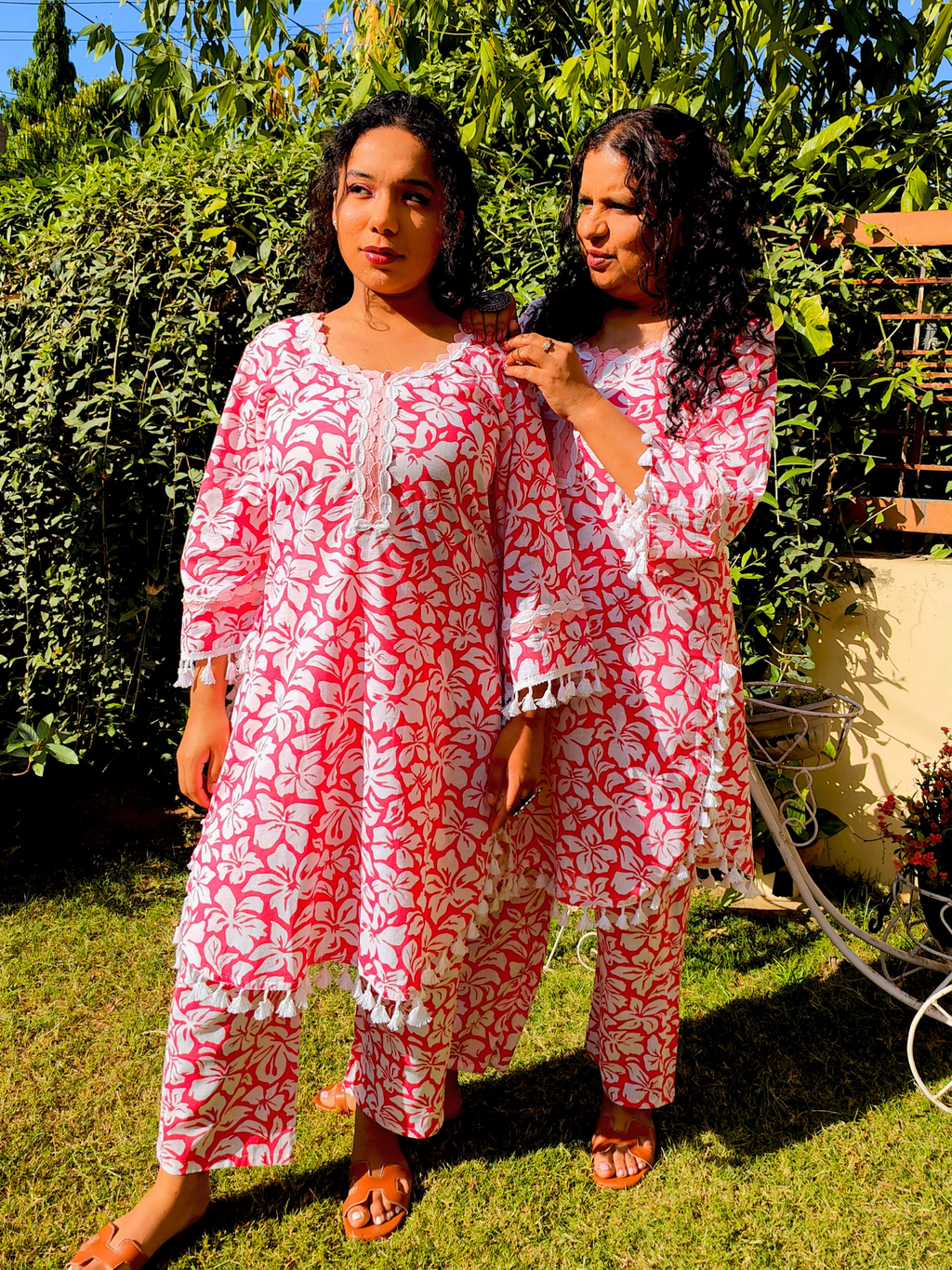 Peach Handblock White Lace Cotton Stitched Co-Ord Set