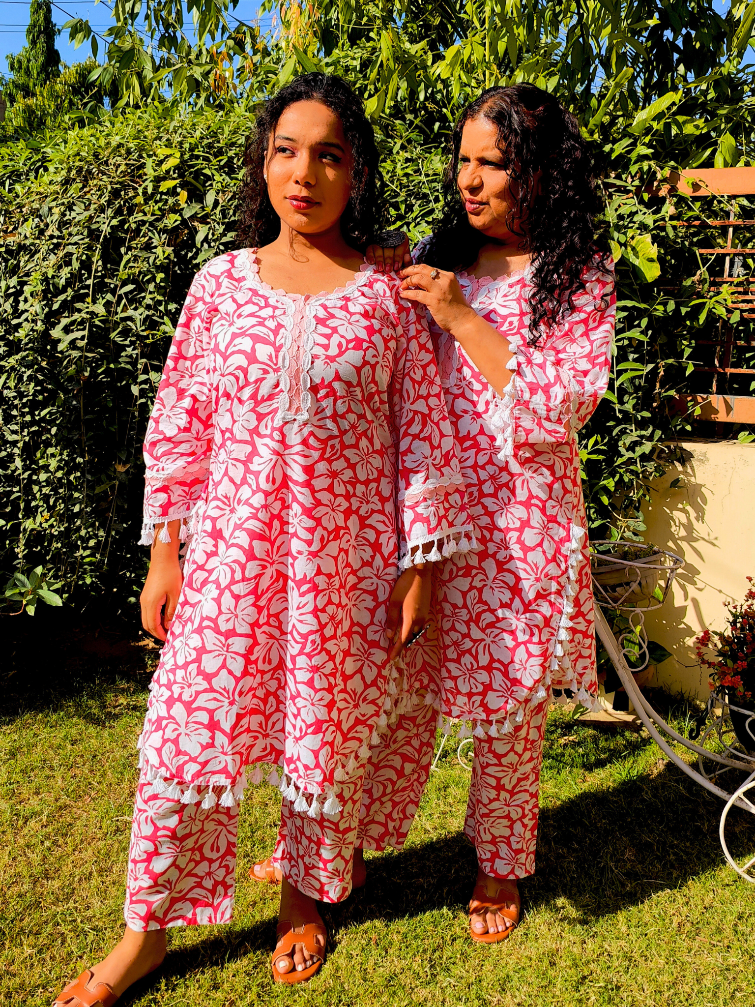 Peach Handblock White Lace Cotton Stitched Co-Ord Set