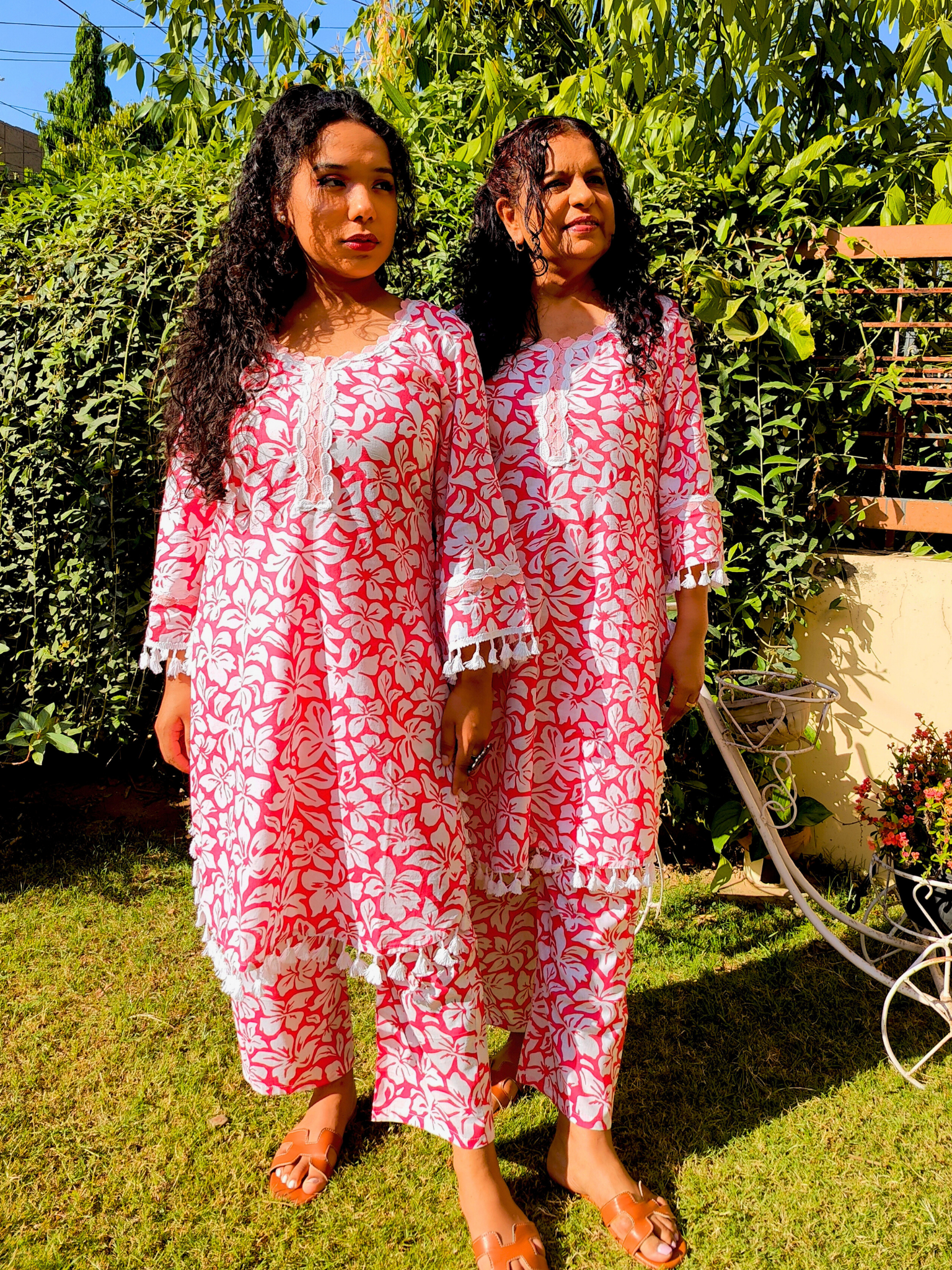 Peach Handblock White Lace Cotton Stitched Co-Ord Set