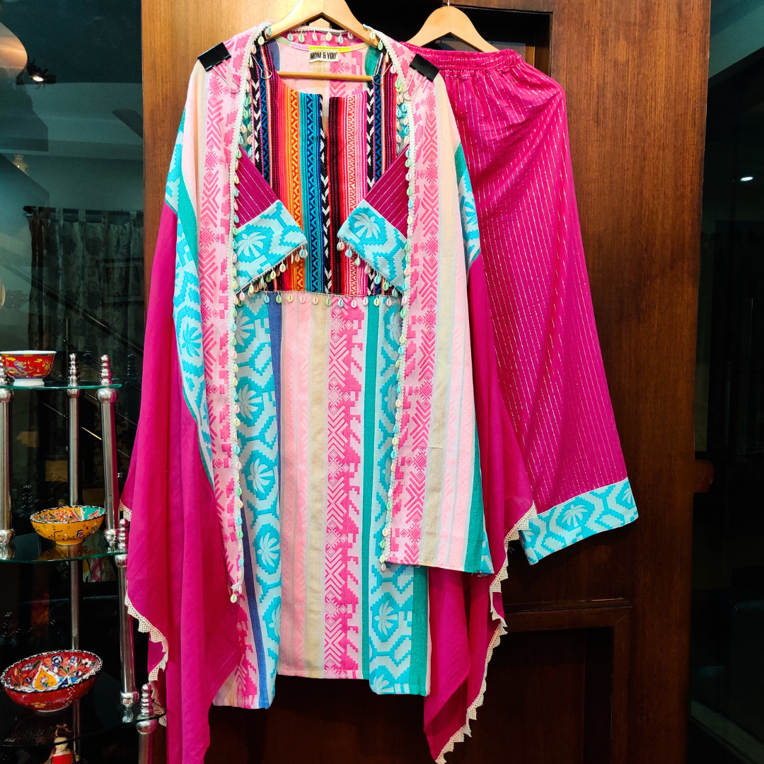 Multi-Coloured Afghani Multi Embroidered Stitched Suit Set
