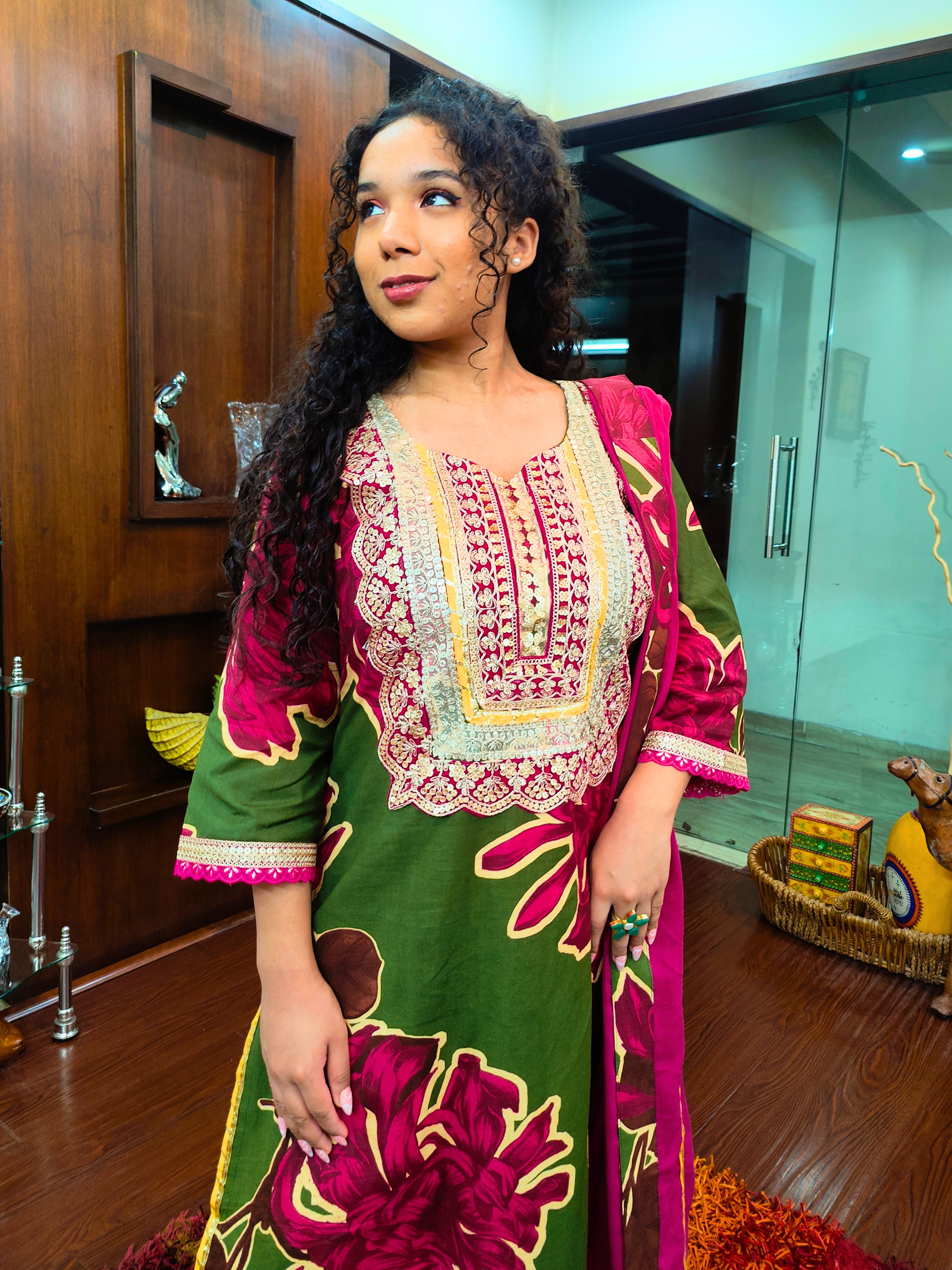 Green Digital Printed Magenta Embroidered Gota Cotton Stitched Suit Set