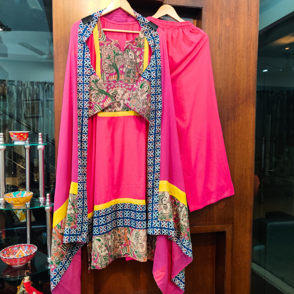 Magenta Kalamkari Yellow Lace Cotton Stitched Suit Set