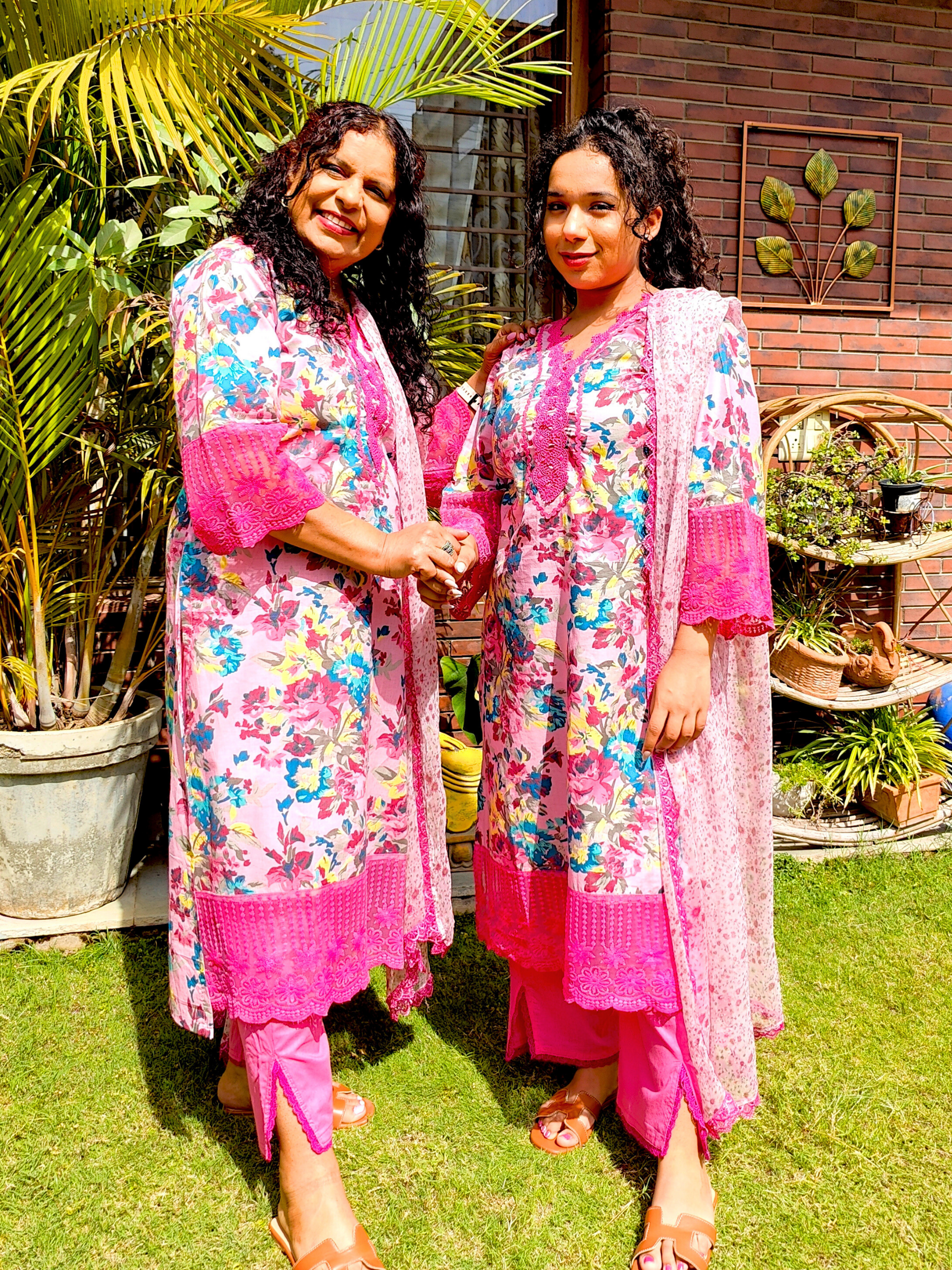 Pink Floral Handblock Magenta Lace Stitched Suit Set