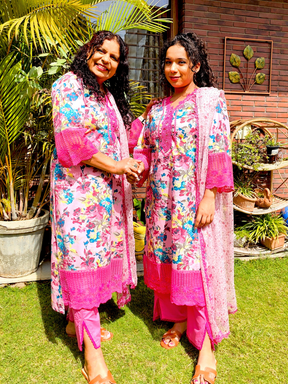 Pink Floral Handblock Magenta Lace Stitched Suit Set