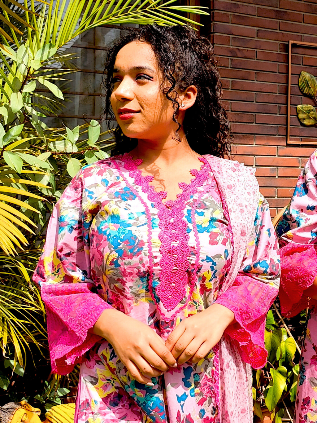 Pink Floral Handblock Magenta Lace Stitched Suit Set