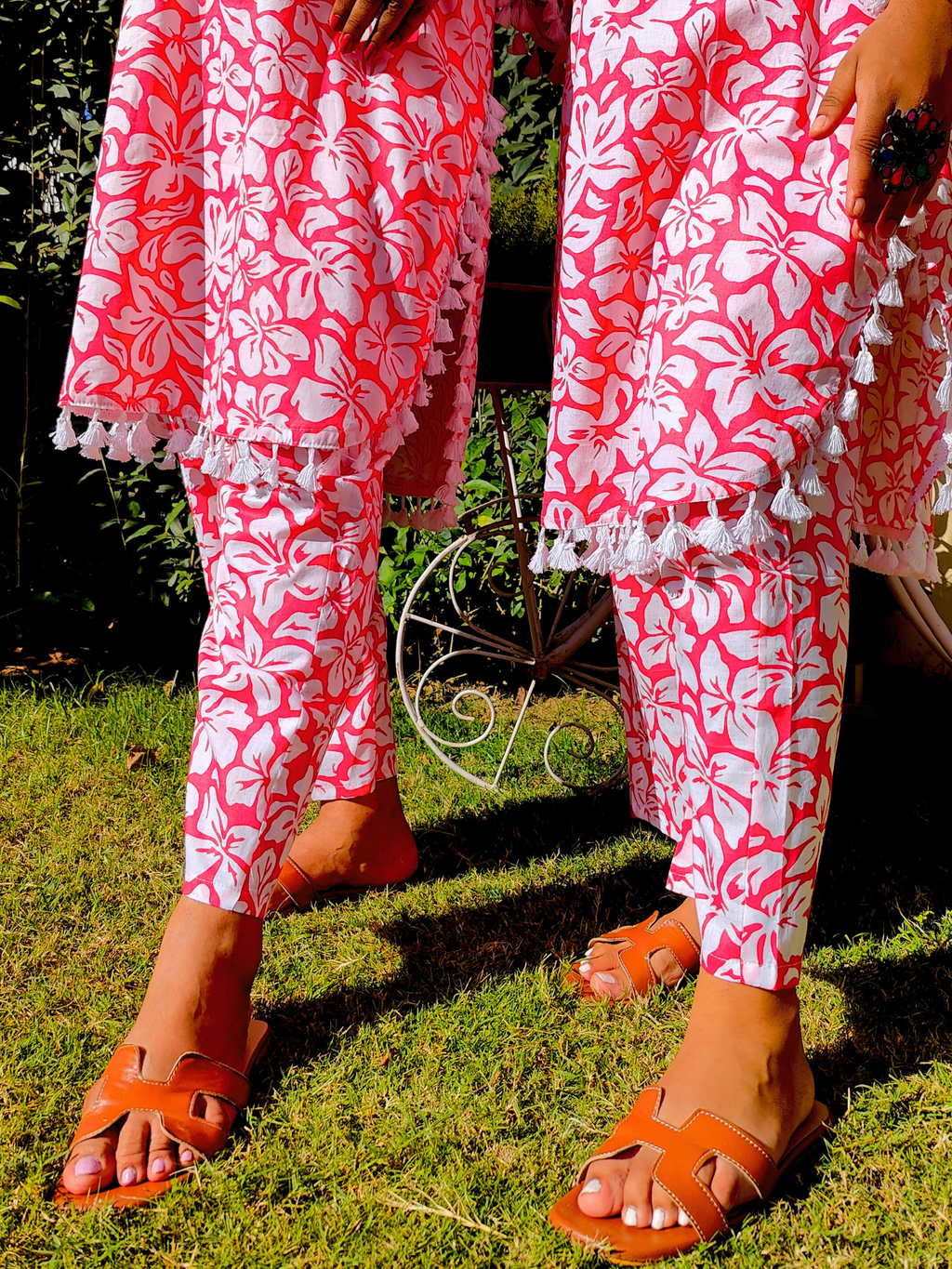 Peach Handblock White Lace Cotton Stitched Co-Ord Set