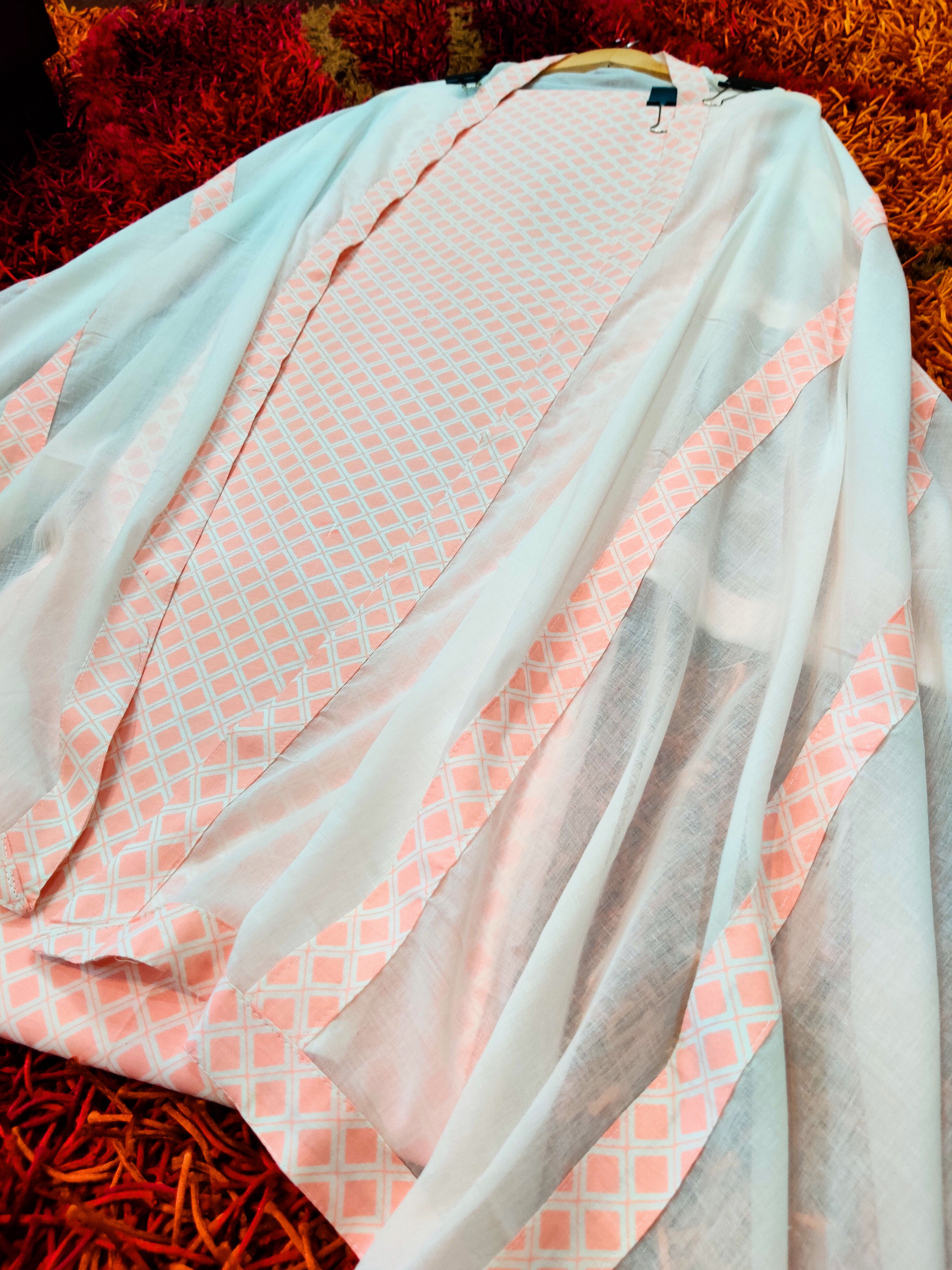 Peach Handblock Cotton Unstitched Dress Material Suit Set