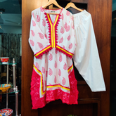White Handblock Magenta Italian Lace Cotton Stitched Co-Ord Set