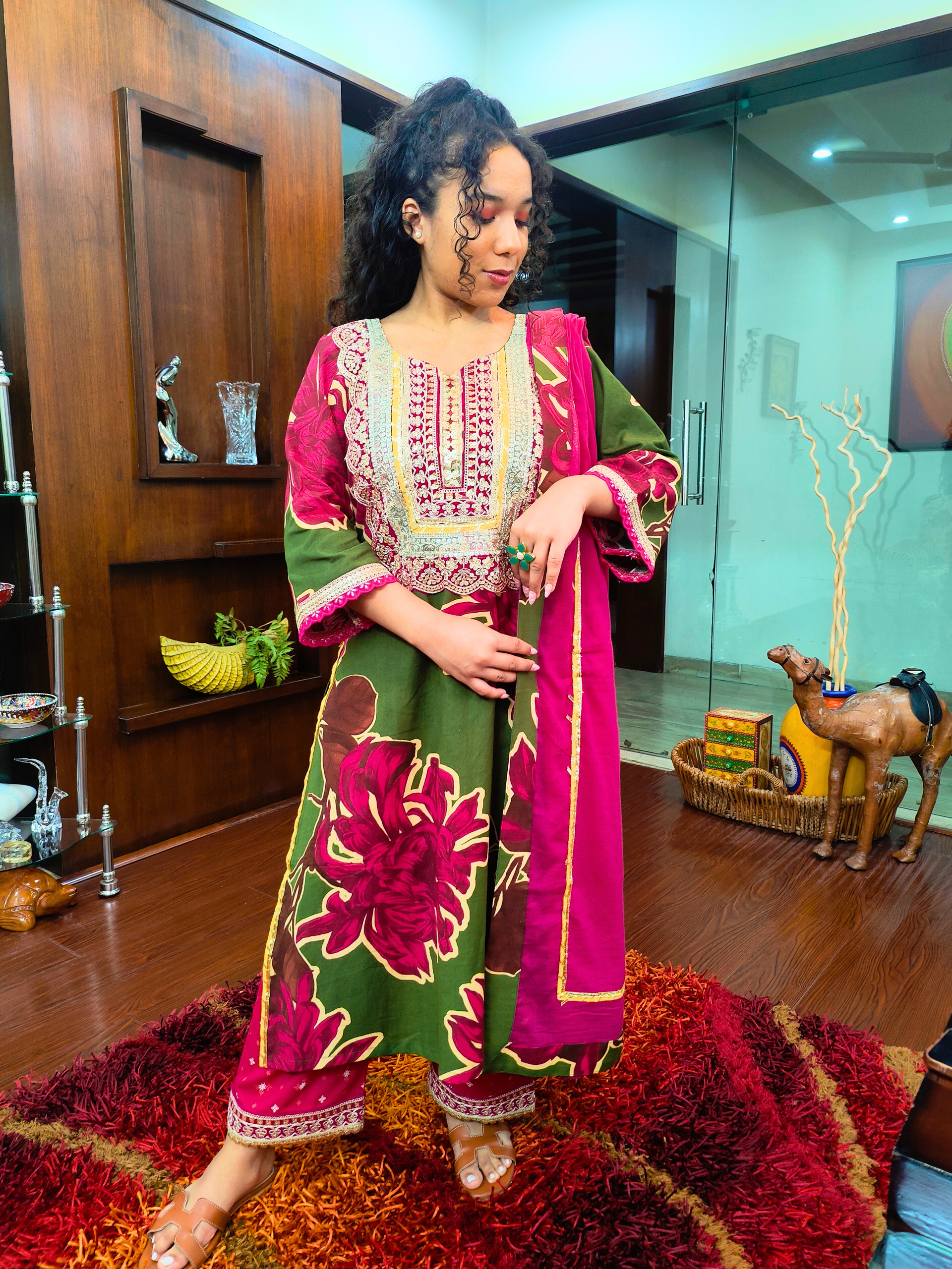 Green Digital Printed Magenta Embroidered Gota Cotton Stitched Suit Set