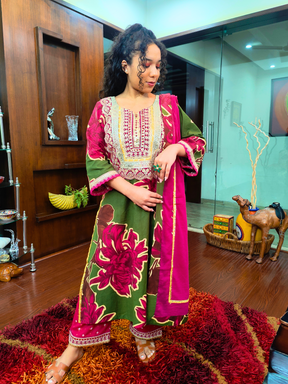 Green Digital Printed Magenta Embroidered Gota Cotton Stitched Suit Set