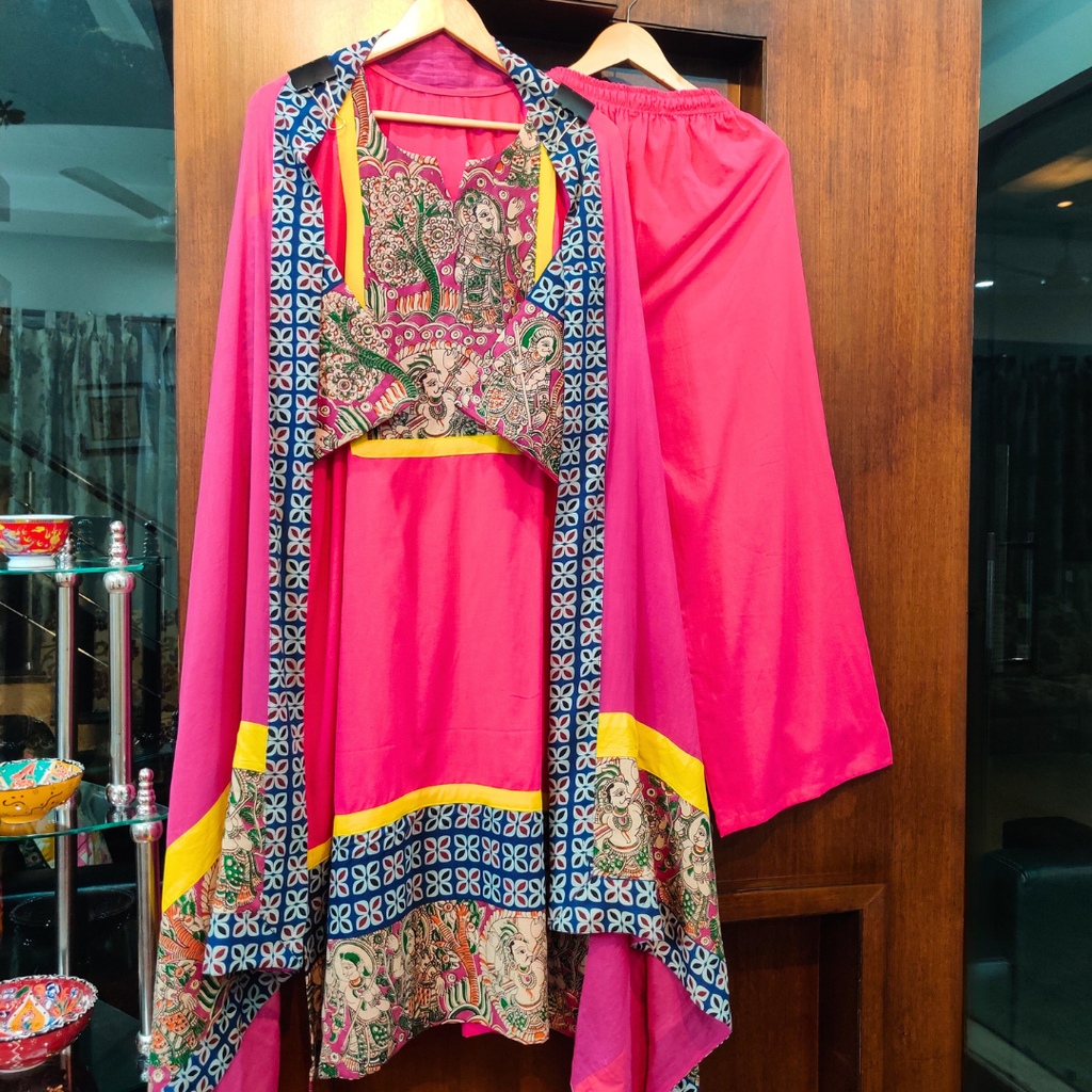 Magenta Kalamkari Yellow Lace Cotton Stitched Suit Set