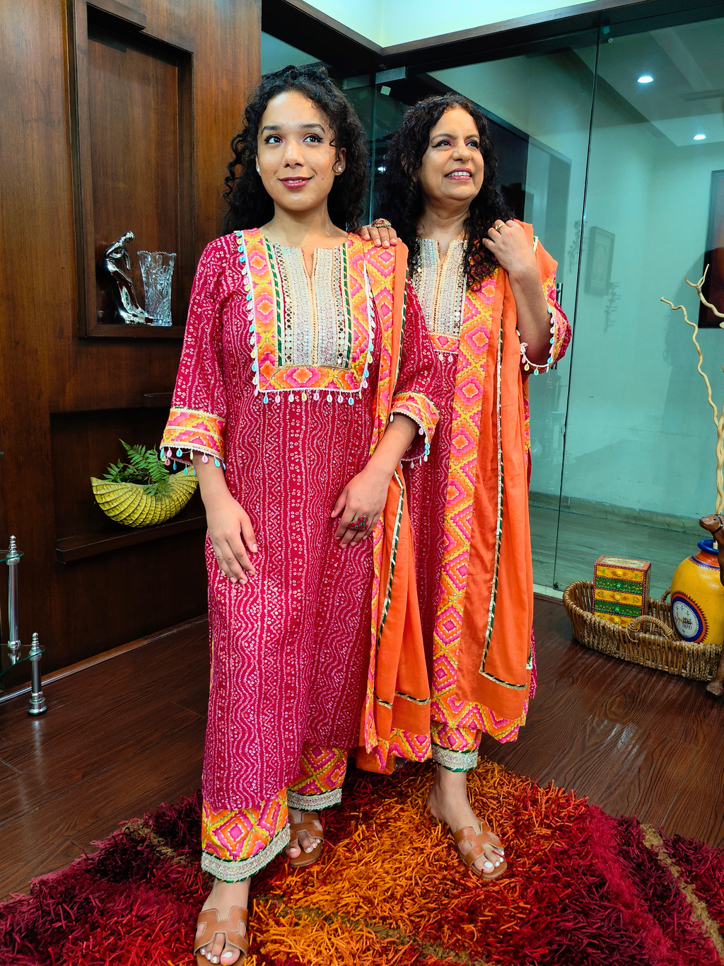 Magenta Bandhej Silver Gota Cotton Stitched Suit Set