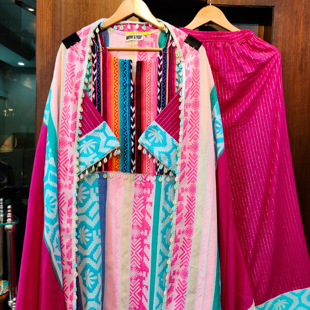 Multi-Coloured Afghani Multi Embroidered Stitched Suit Set