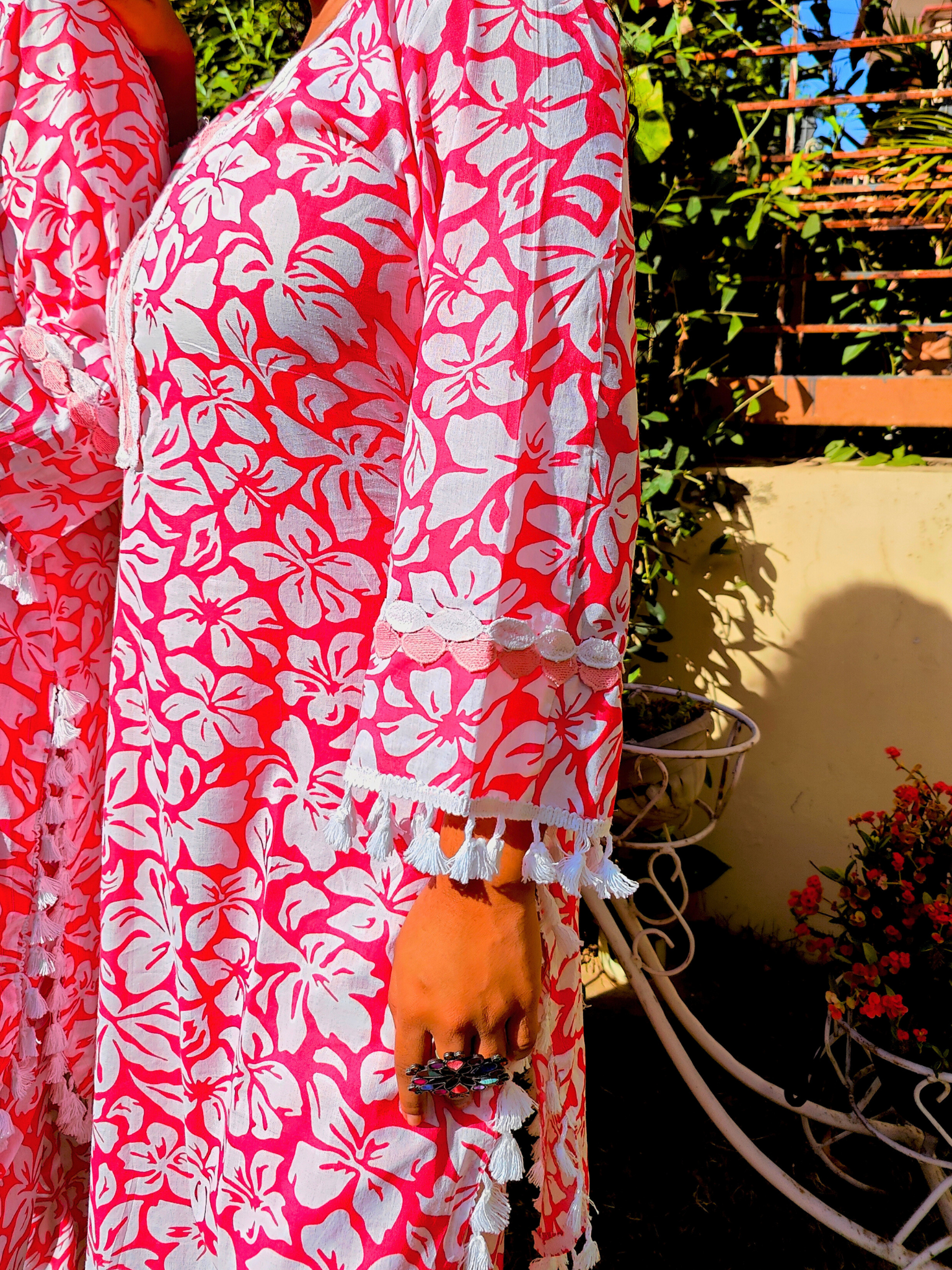 Peach Handblock White Lace Cotton Stitched Co-Ord Set