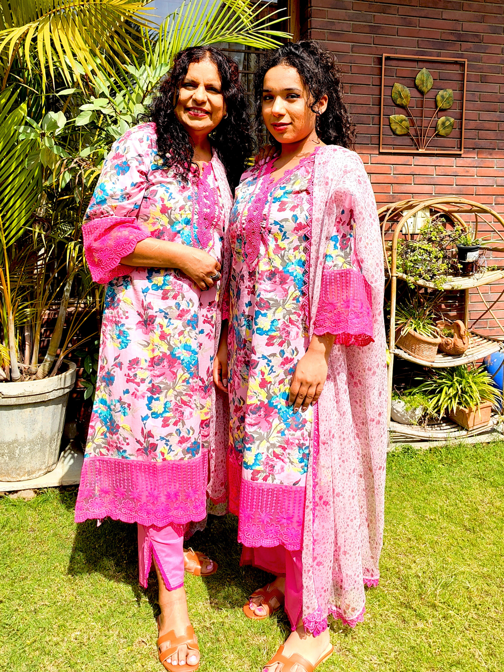 Pink Floral Handblock Magenta Lace Stitched Suit Set