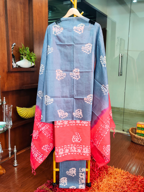 Peach and Grey Batik Cotton Silk Unstitched Dress Material Suit Set