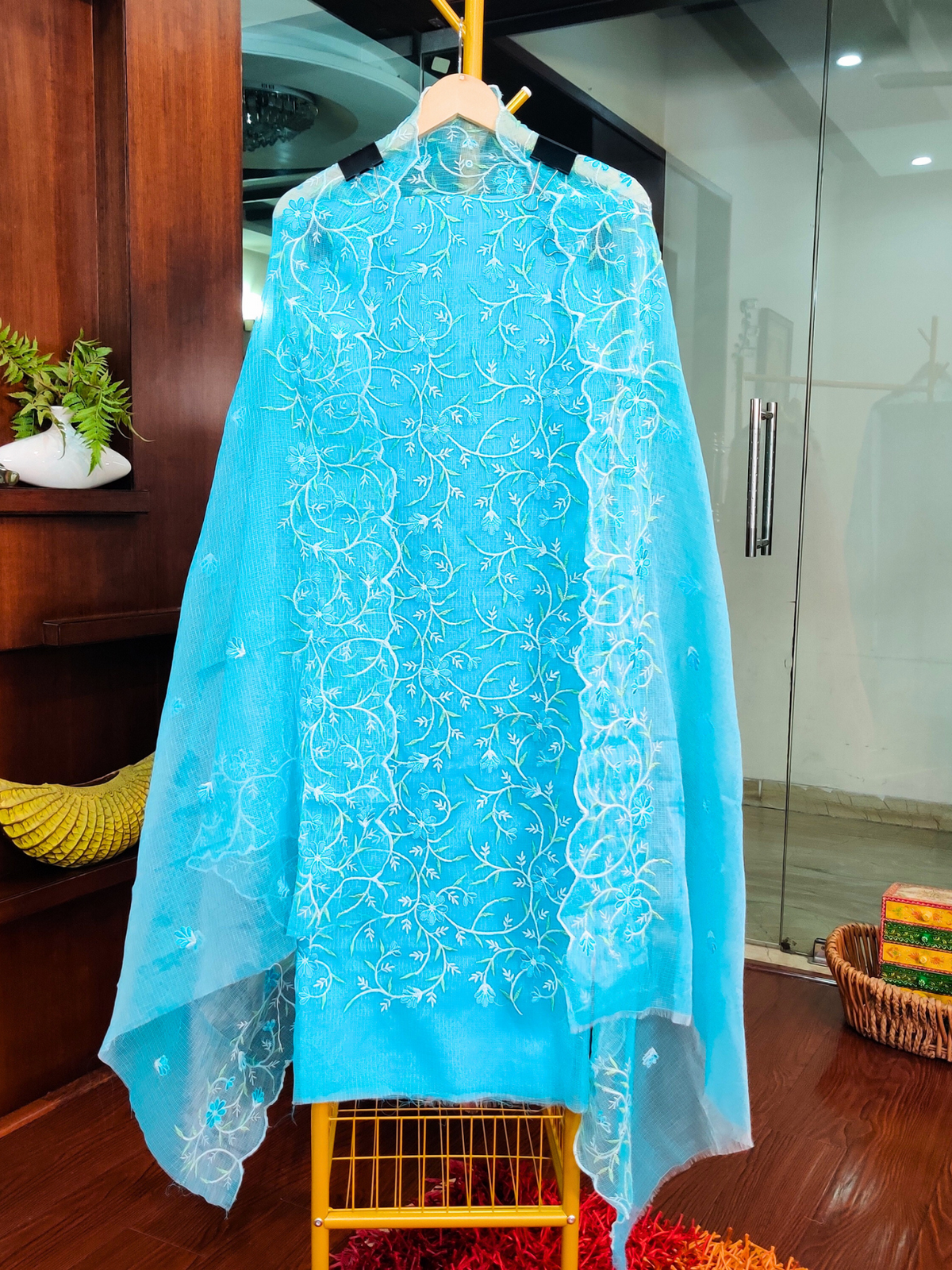 Blue Kota Doria Unstitched Dress Material Kurta Set