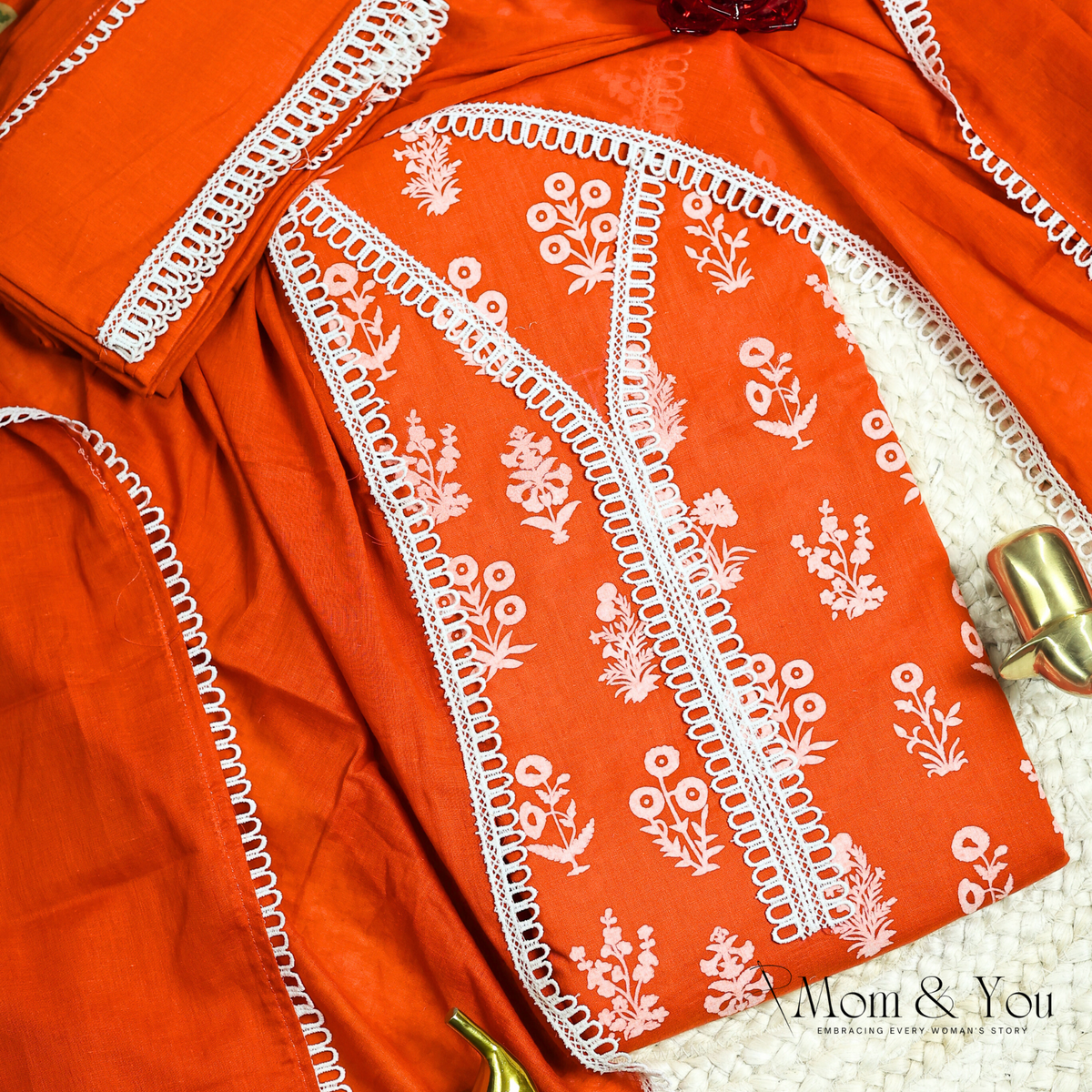 Orange Cotton Festive Unstitched Dress Material Suit Set