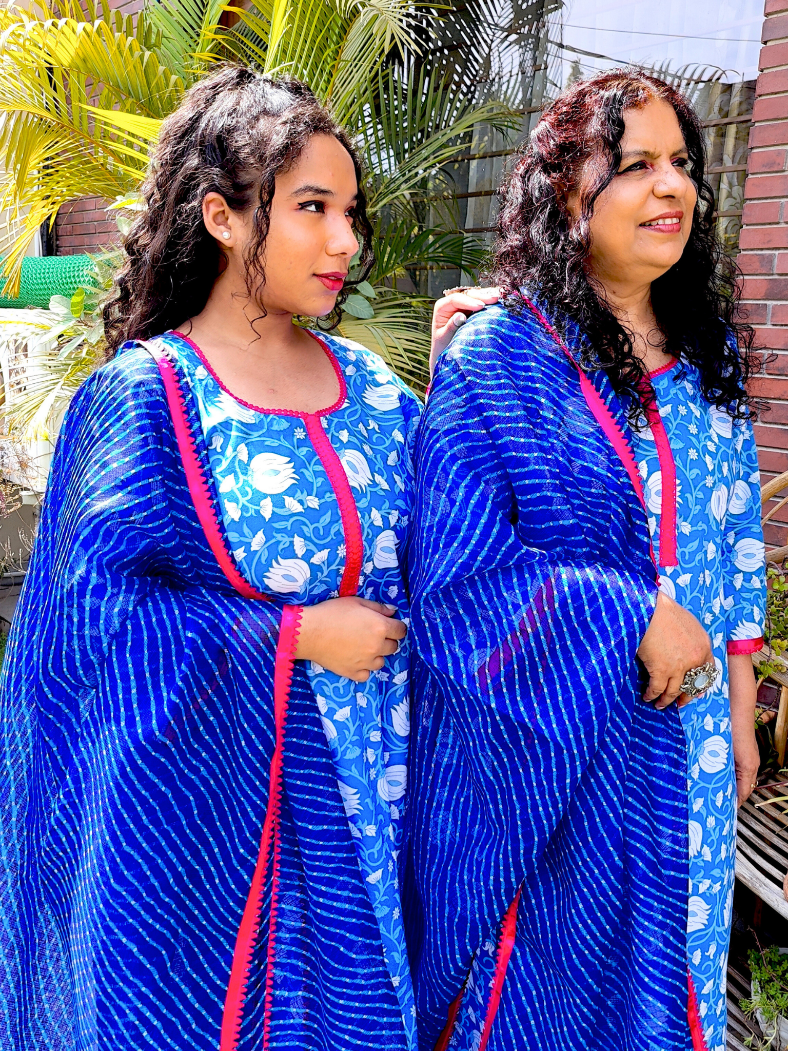 Blue and White Floral Magenta Lace Cotton Stitched Suit Set