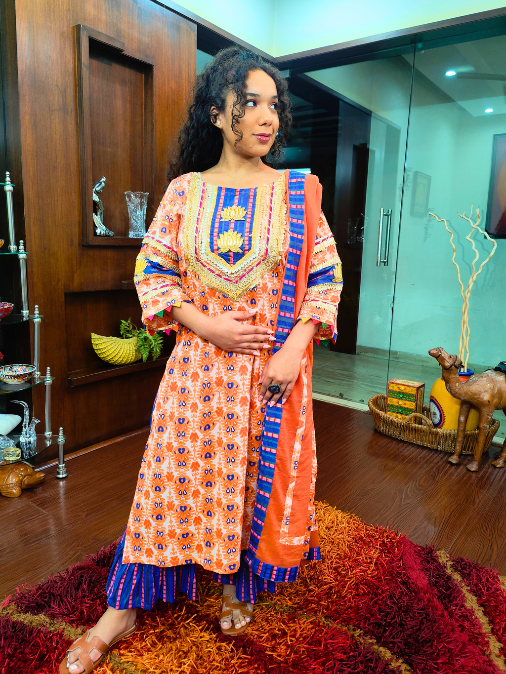 Orange and Blue Silver Gota Cotton Stitched Suit Set