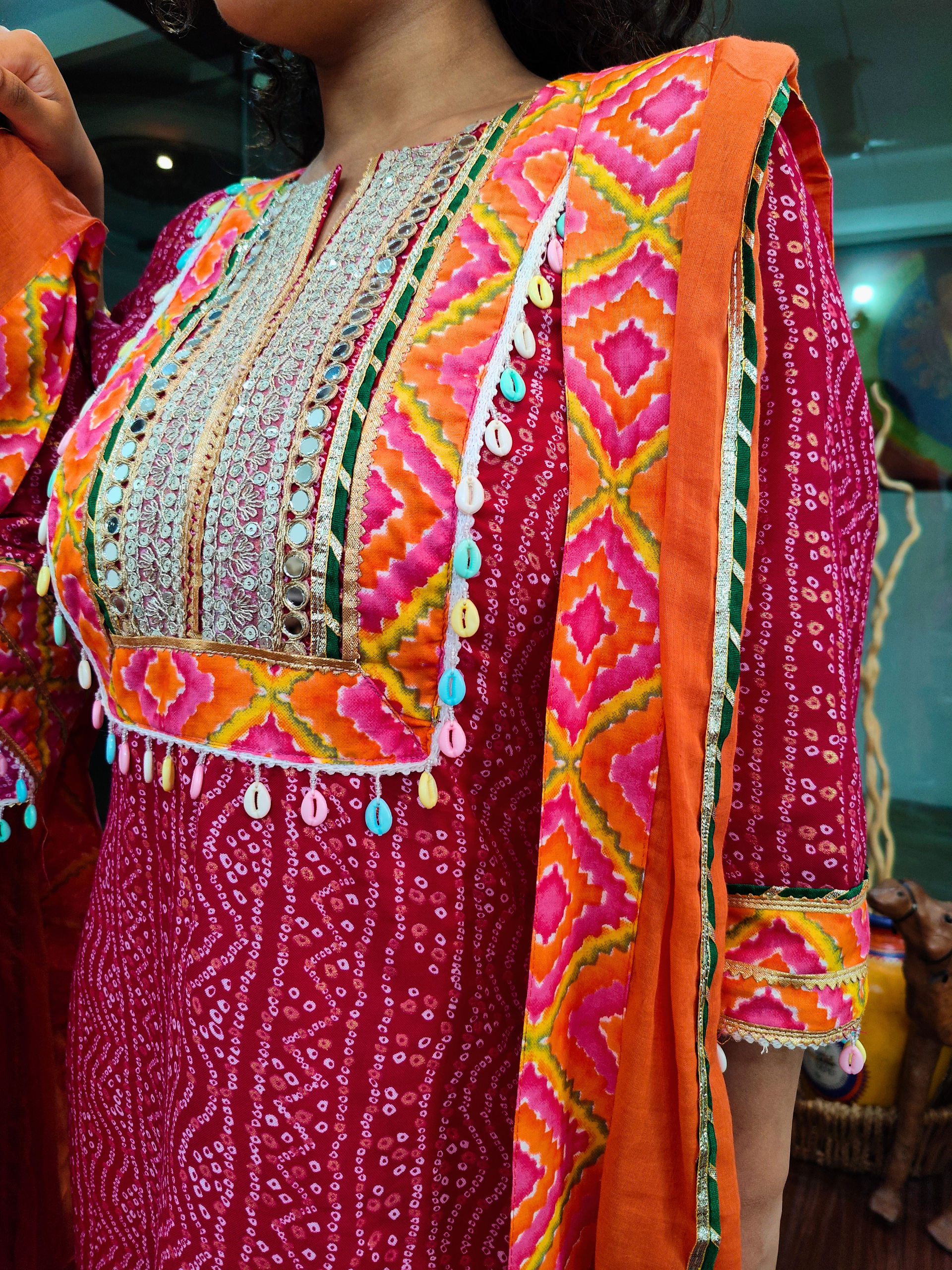 Magenta Bandhej Silver Gota Cotton Stitched Suit Set