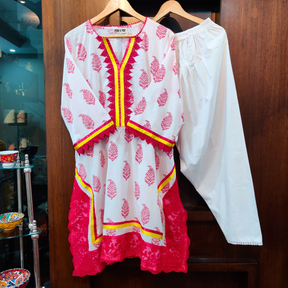 White Handblock Magenta Italian Lace Cotton Stitched Co-Ord Set