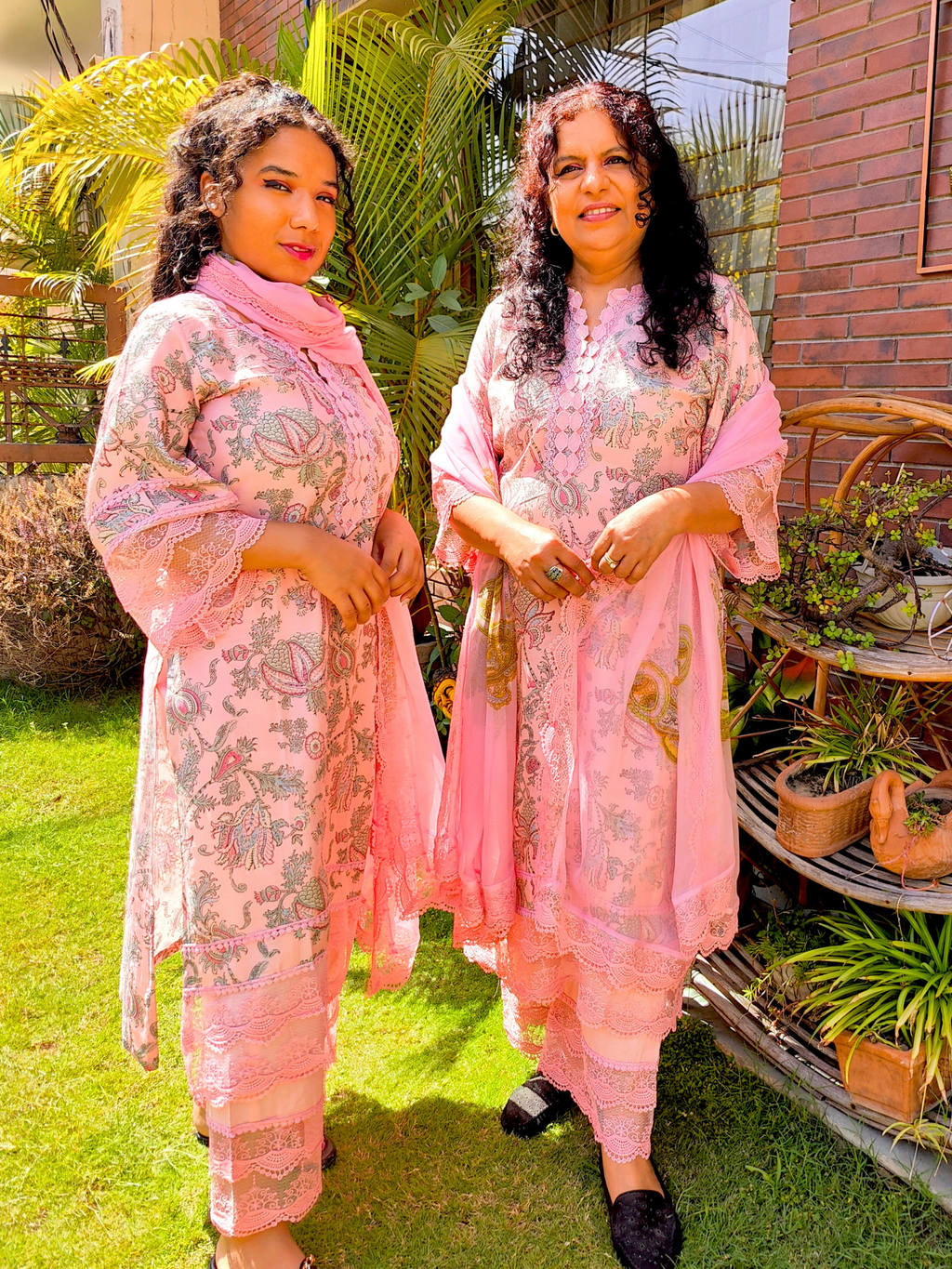 Peach Handblock Cotton Italian Lace Stitched Suit Set