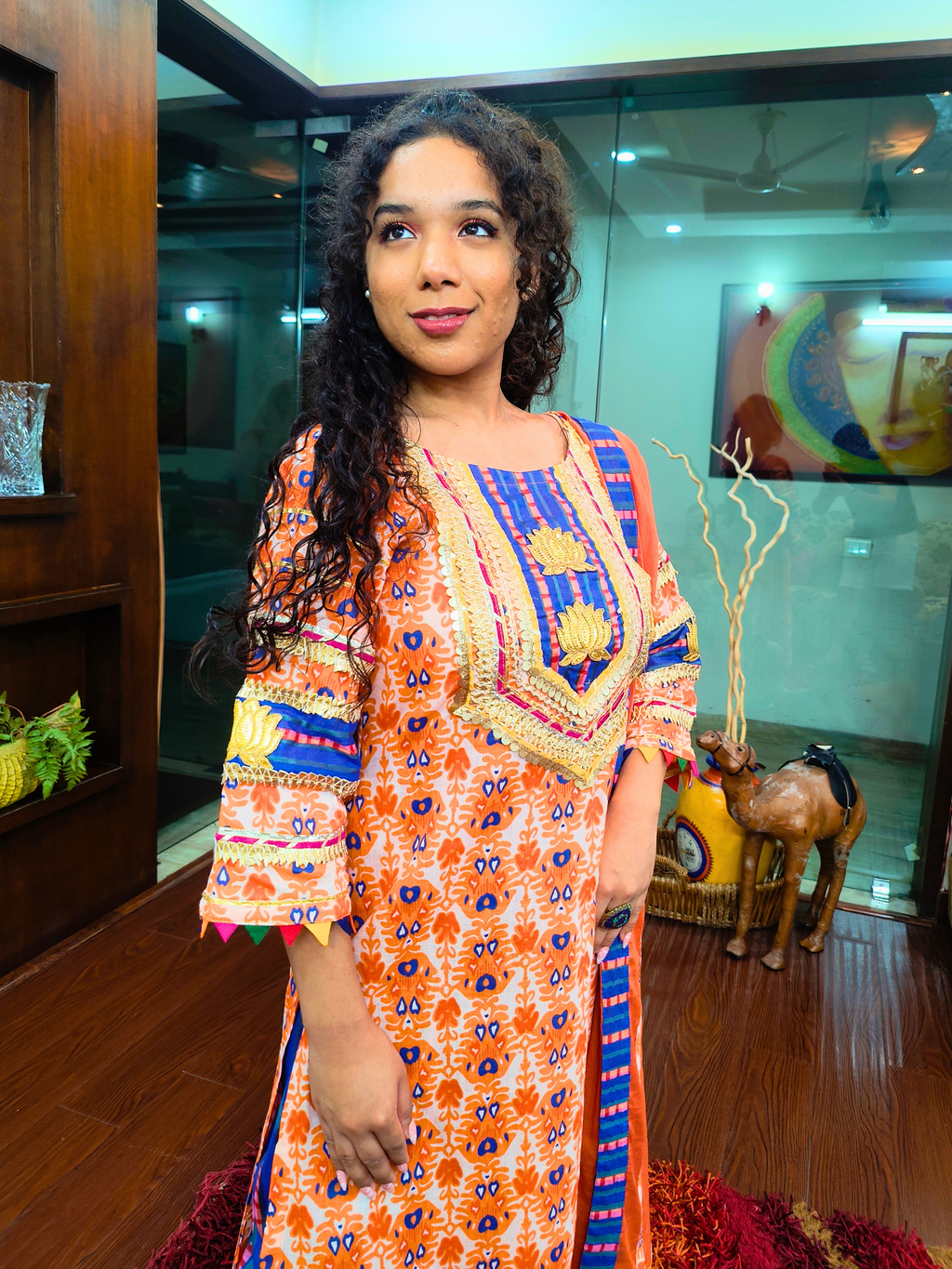 Orange and Blue Silver Gota Cotton Stitched Suit Set