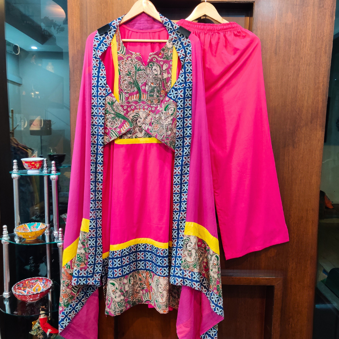 Magenta Kalamkari Yellow Lace Cotton Stitched Suit Set