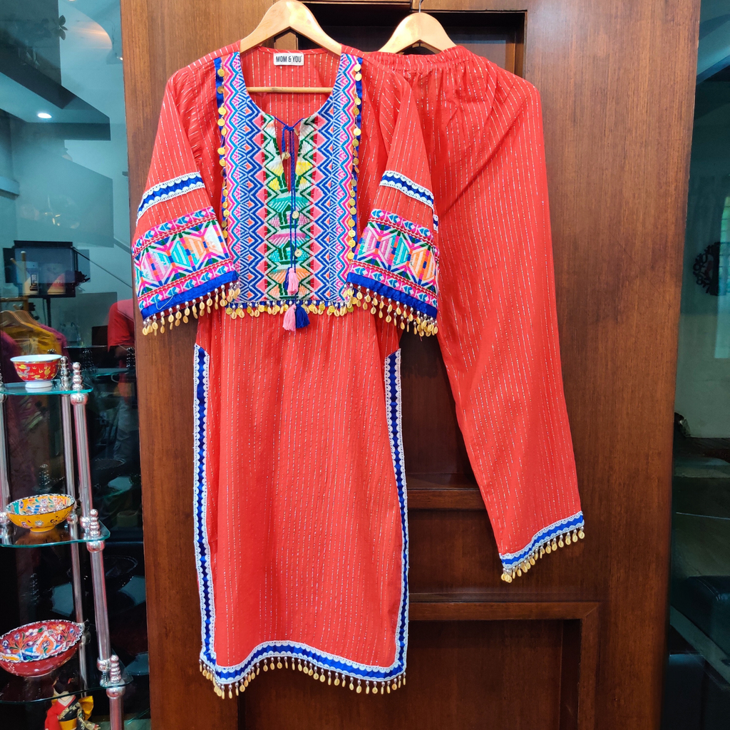 Orange Multi-Colour Sky Blue Embroidered Lurex Cotton Stitched Co-Ord Set