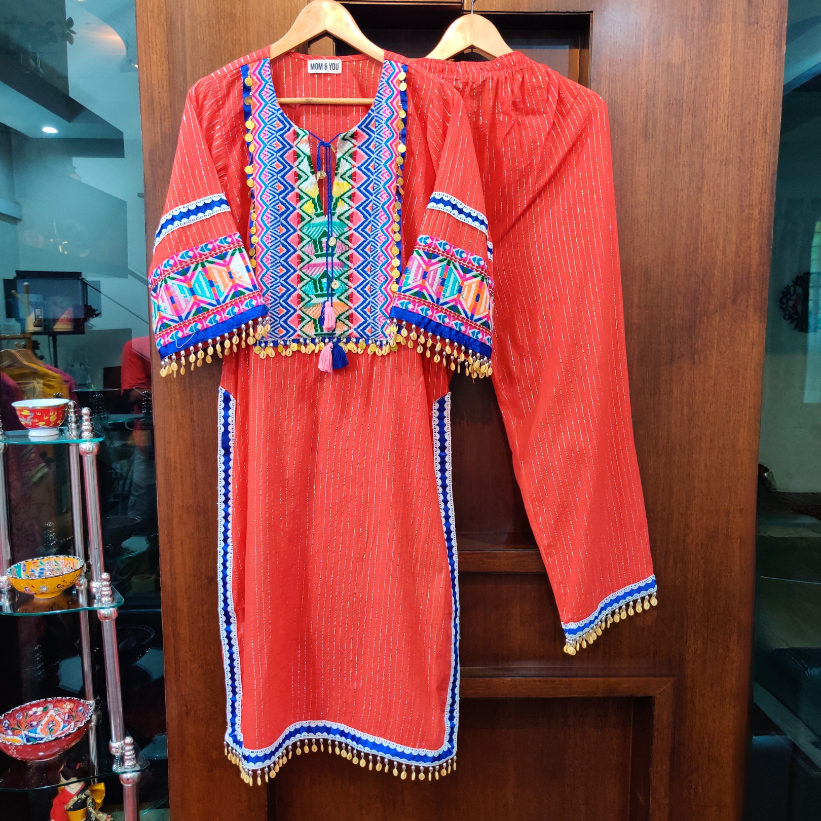 Orange Multi-Colour Sky Blue Embroidered Lurex Cotton Stitched Co-Ord Set