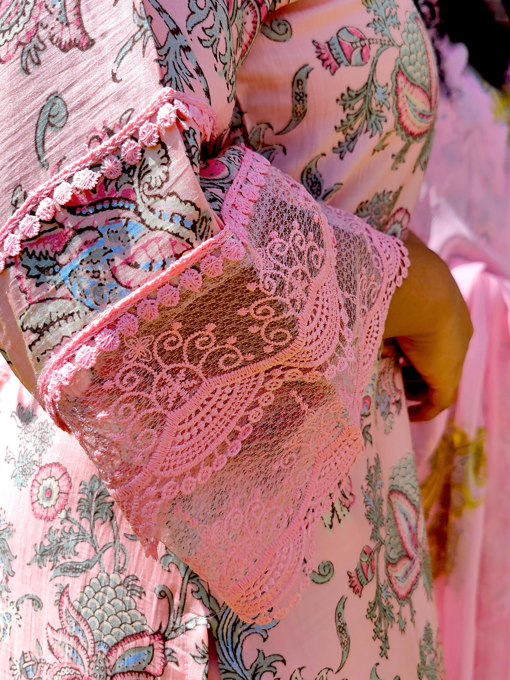 Peach Handblock Cotton Italian Lace Stitched Suit Set