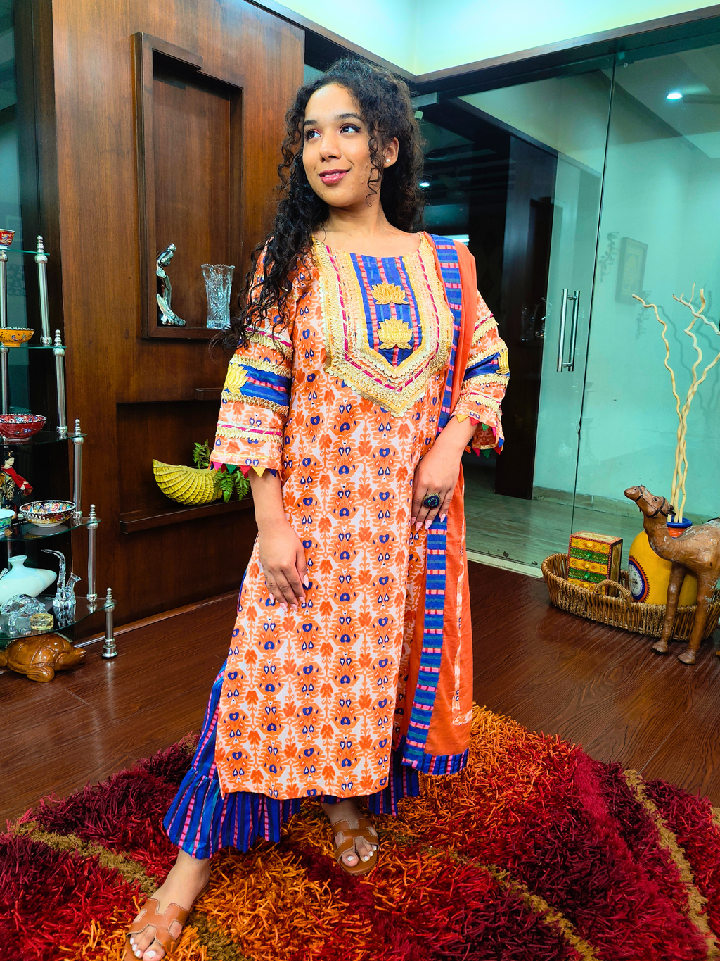 Orange and Blue Silver Gota Cotton Stitched Suit Set